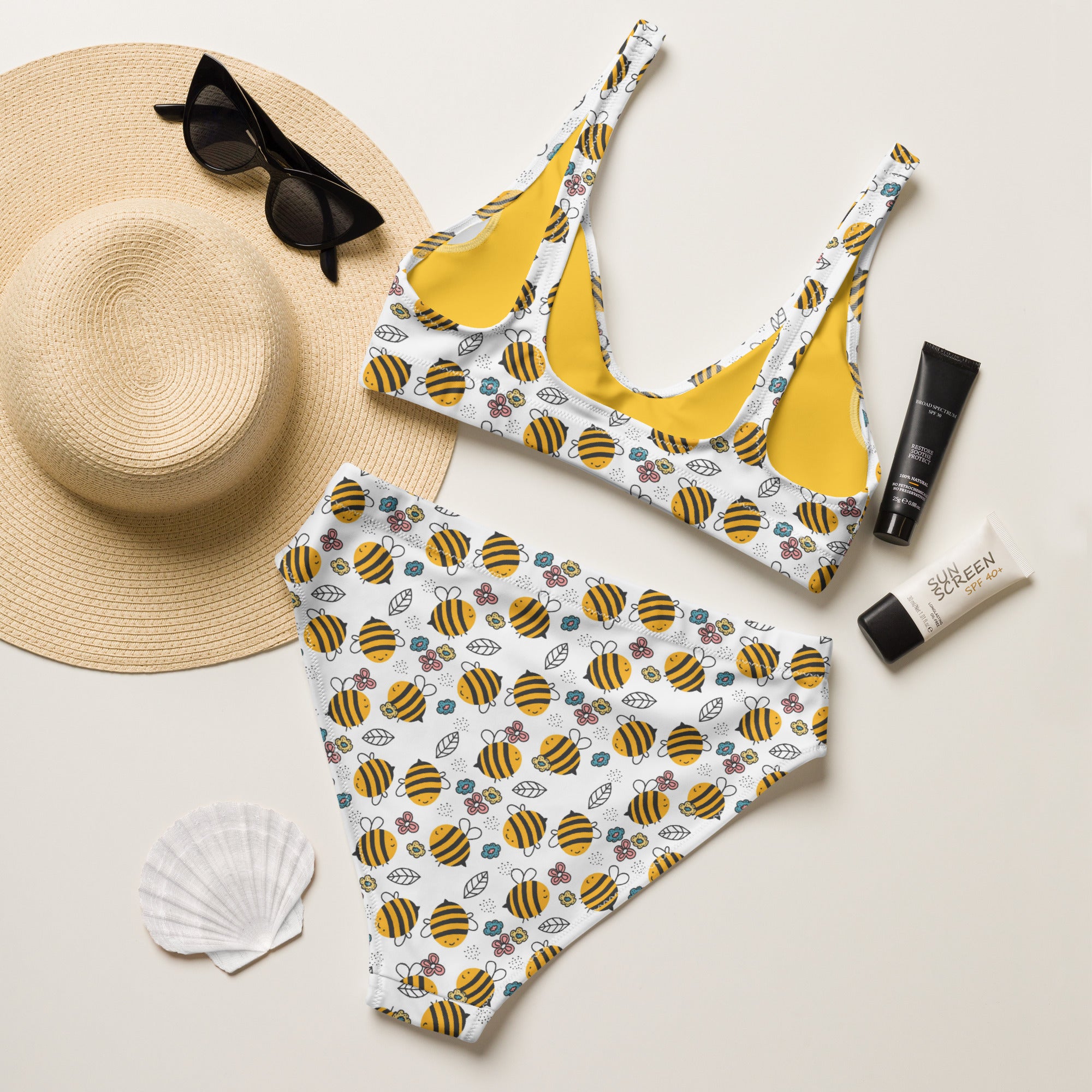 Women's Floral Yellow Bumblebee Recycled Bikini - Removable Padding, Buttery Soft Quick-Drying UPF 50+ Fabric