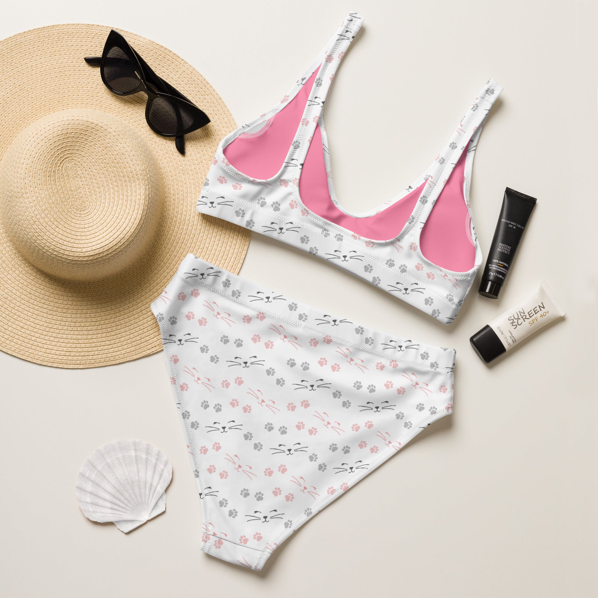 Women's Paw Print Cat Recycled Bikini - Removable Padding, Buttery Soft Quick-Drying UPF 50+ Fabric