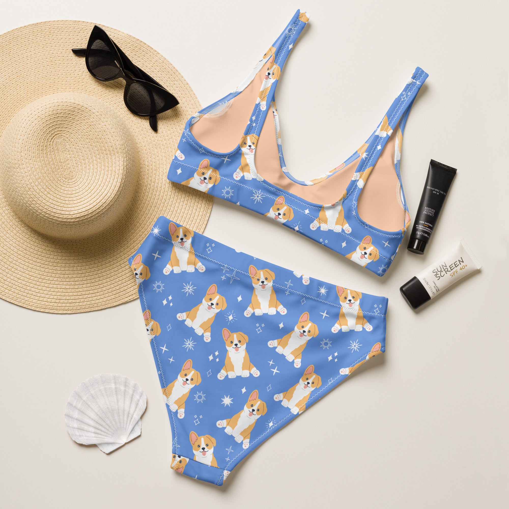 Women's Blue Corgi Dog Recycled Bikini - Removable Padding, Buttery Soft Quick-Drying UPF 50+ Fabric