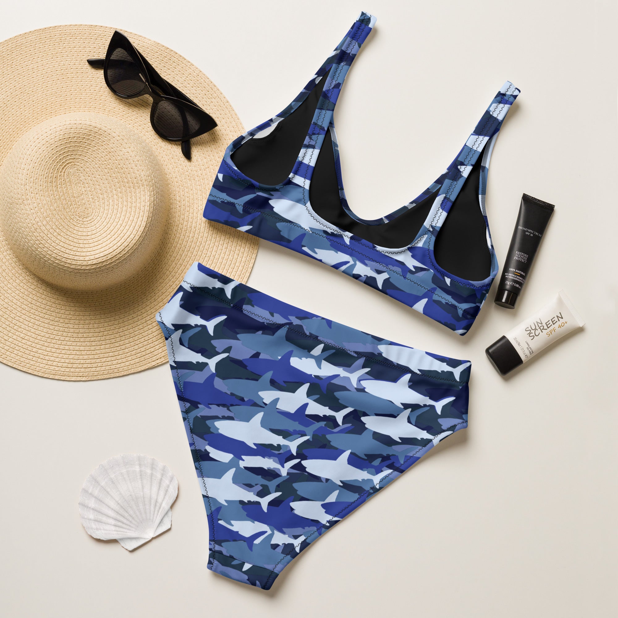 Women's Blue Shark Camouflage Recycled Bikini - Removable Padding, Buttery Soft Quick-Drying UPF 50+ Fabric