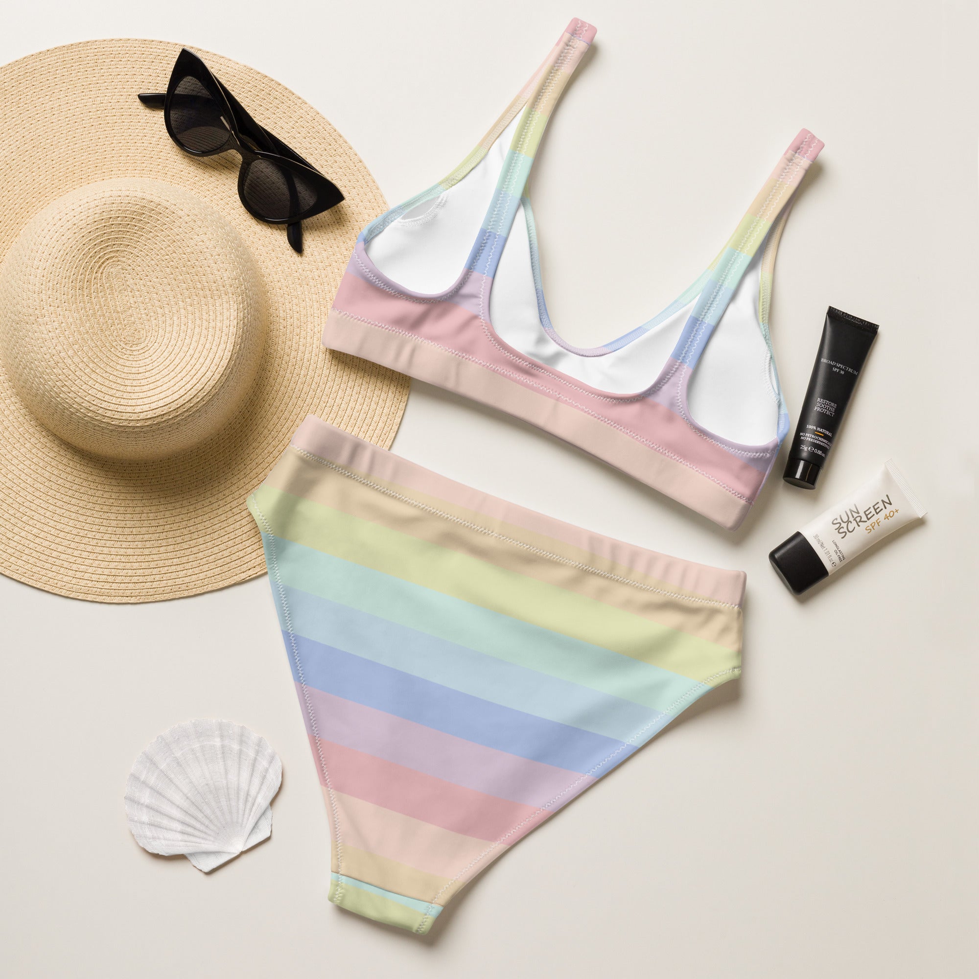 Women's Pastel Rainbow Stripes Recycled Bikini - Removable Padding, Buttery Soft Quick-Drying UPF 50+ Fabric