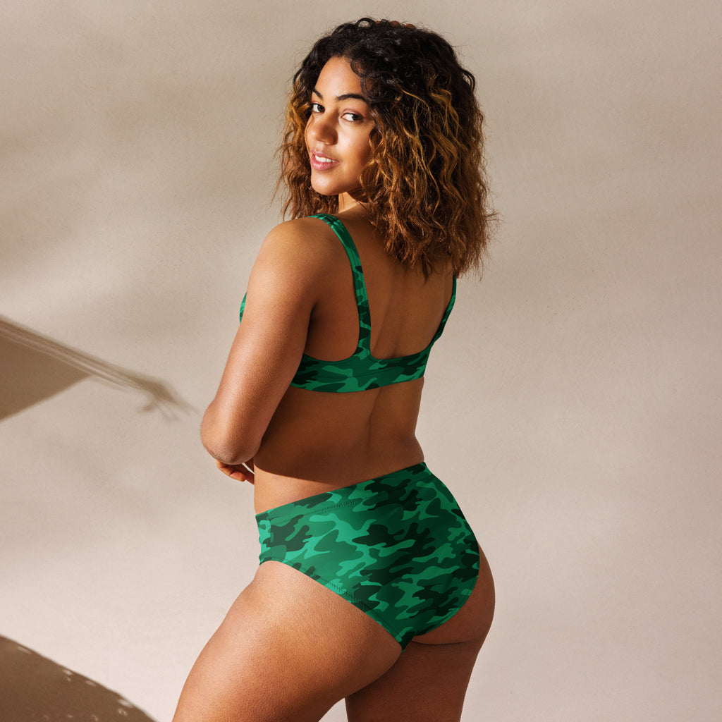 Women's Green Camouflage Recycled Bikini - Removable Padding, Buttery Soft Quick-Drying UPF 50+ Fabric