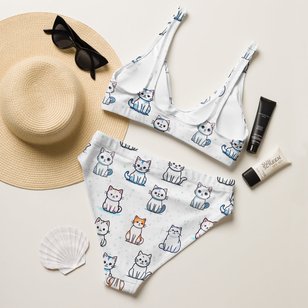 Women's Cute Cat Recycled Bikini - Removable Padding, Buttery Soft Quick-Drying UPF 50+ Fabric