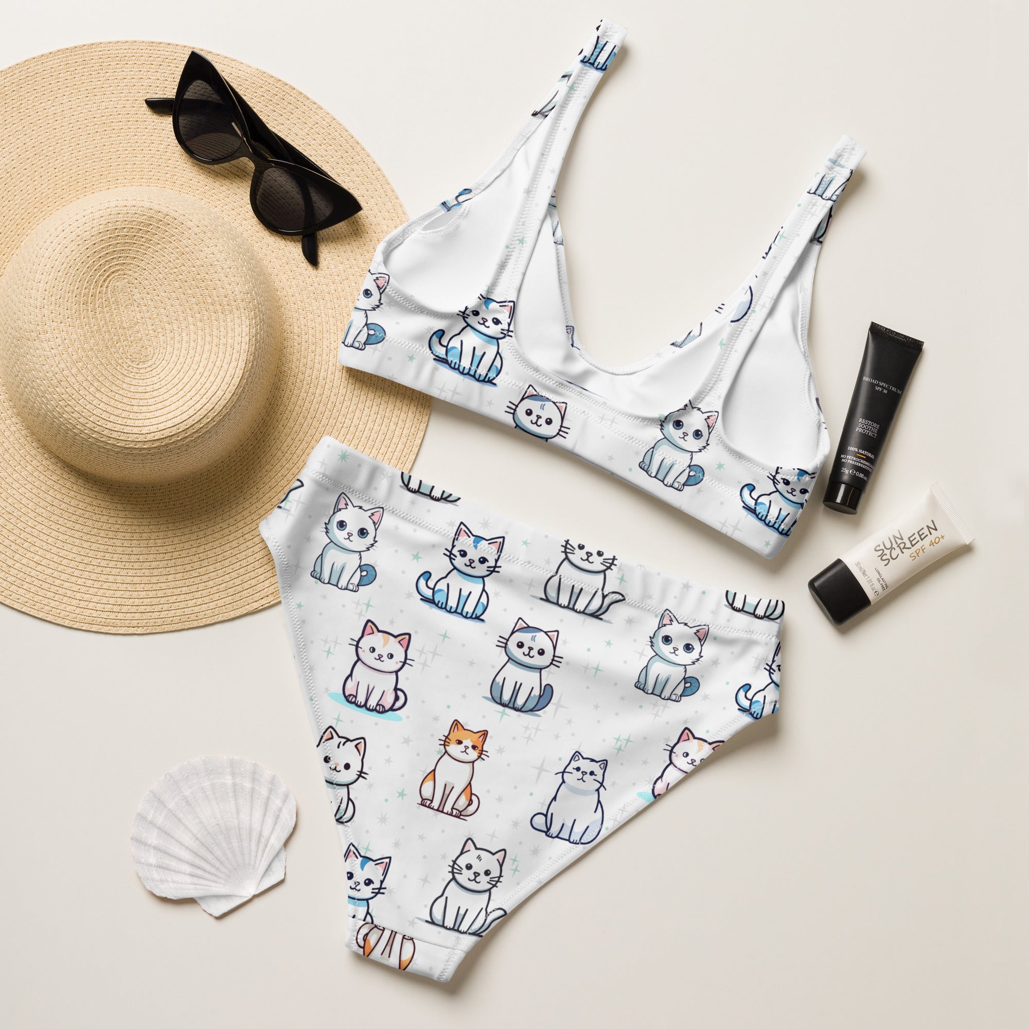 Women's Cute Cat Recycled Bikini - Removable Padding, Buttery Soft Quick-Drying UPF 50+ Fabric
