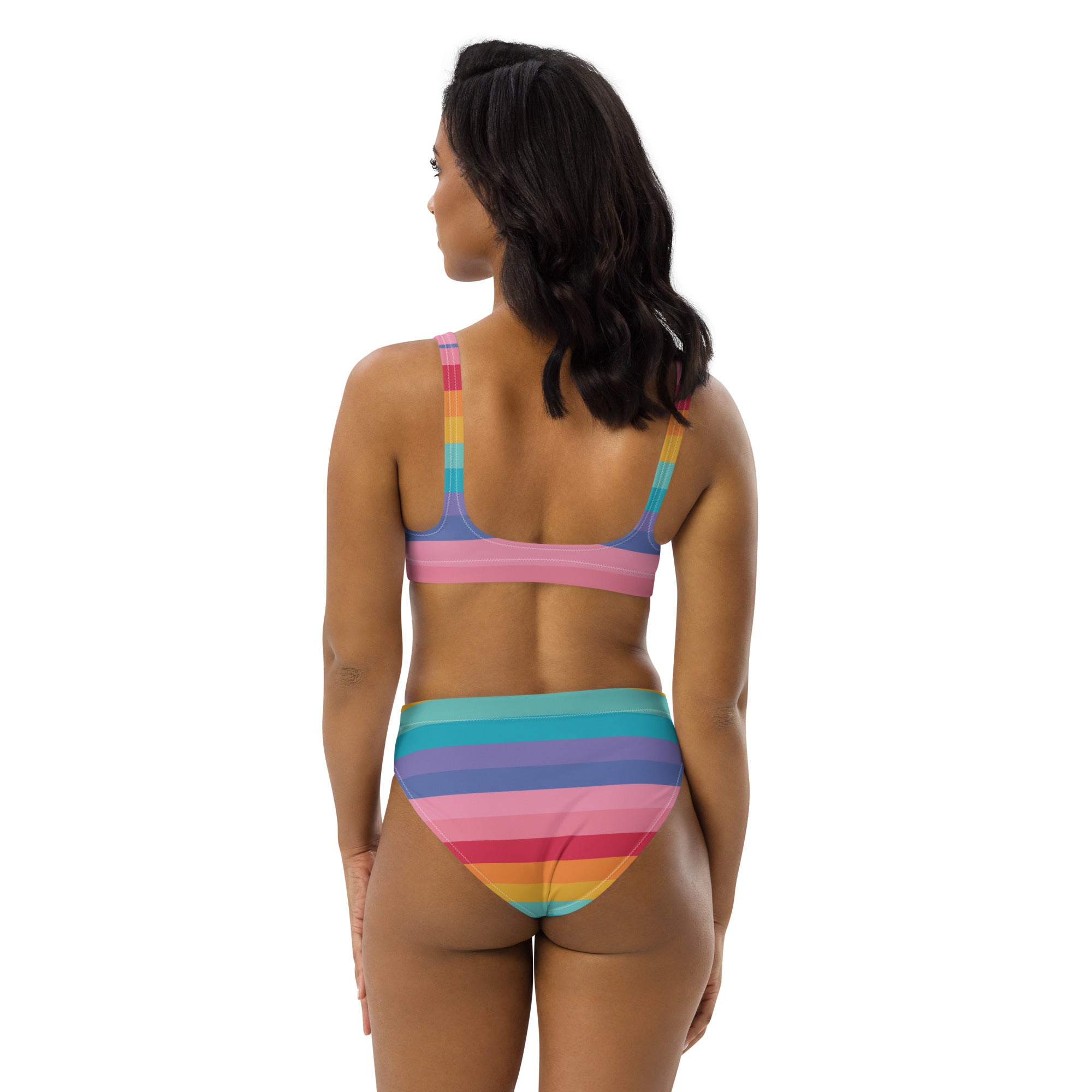 Women's Bright Striped Rainbow Recycled Bikini - Removable Padding, Buttery Soft Quick-Drying UPF 50+ Fabric