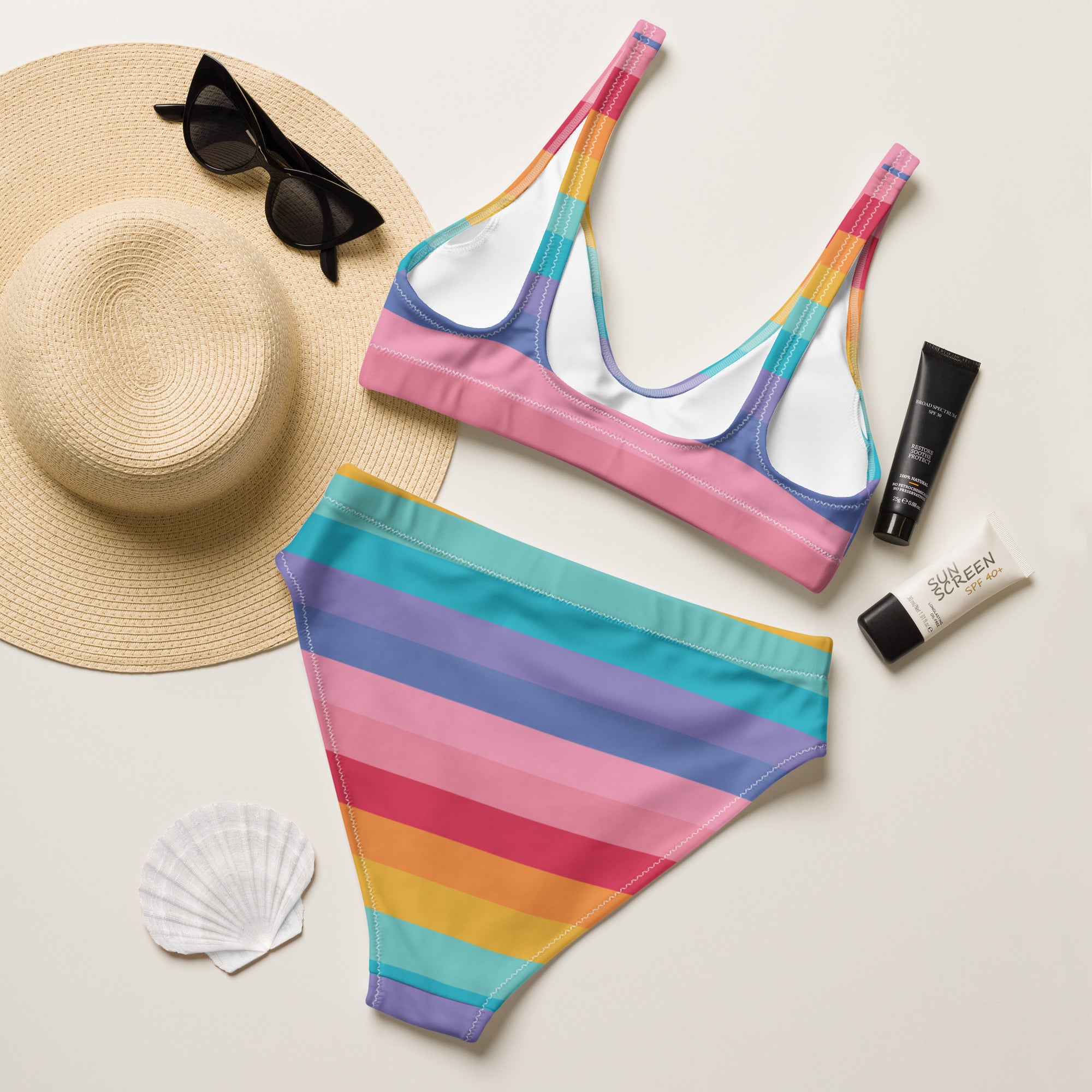 Women's Bright Striped Rainbow Recycled Bikini - Removable Padding, Buttery Soft Quick-Drying UPF 50+ Fabric