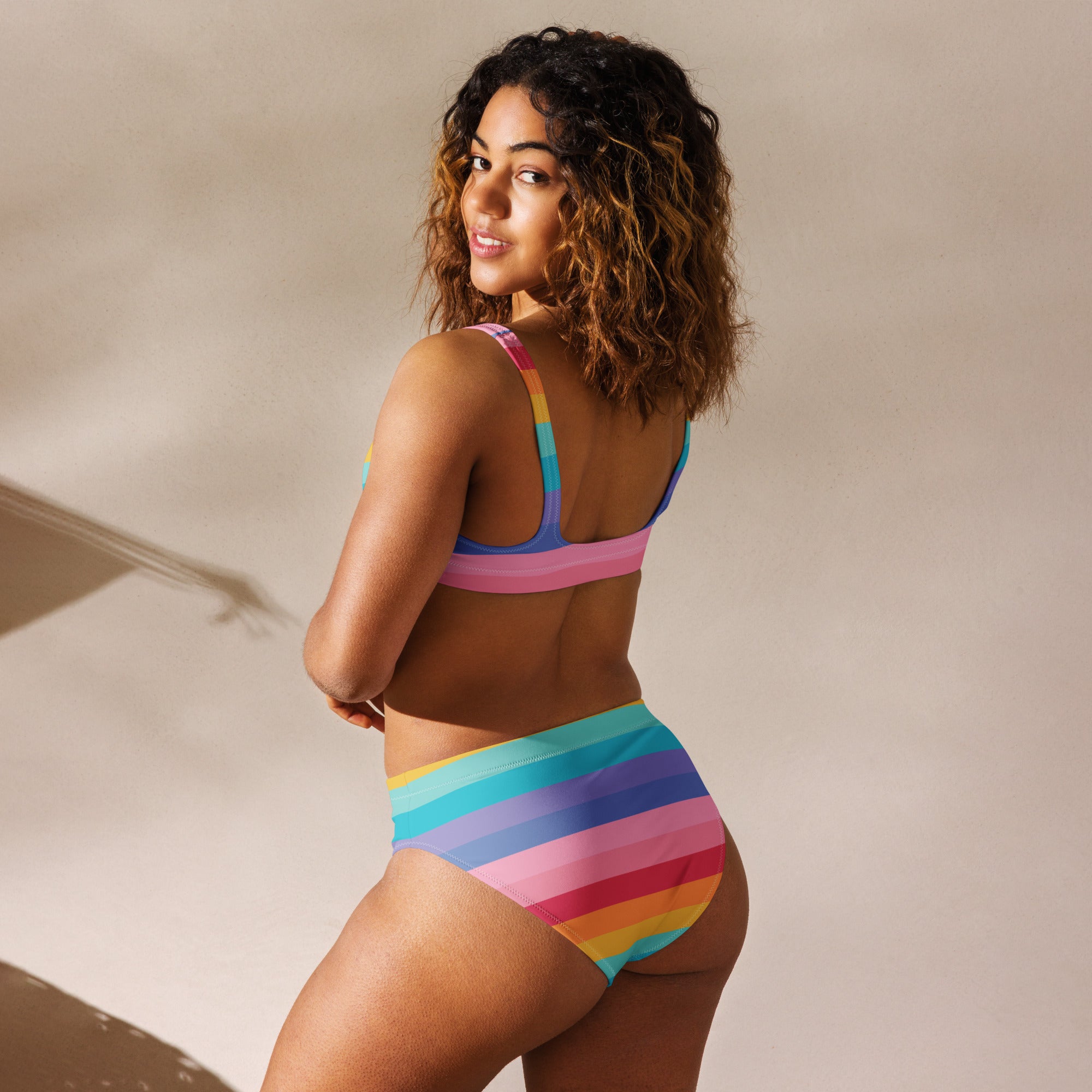 Women's Bright Striped Rainbow Recycled Bikini - Removable Padding, Buttery Soft Quick-Drying UPF 50+ Fabric