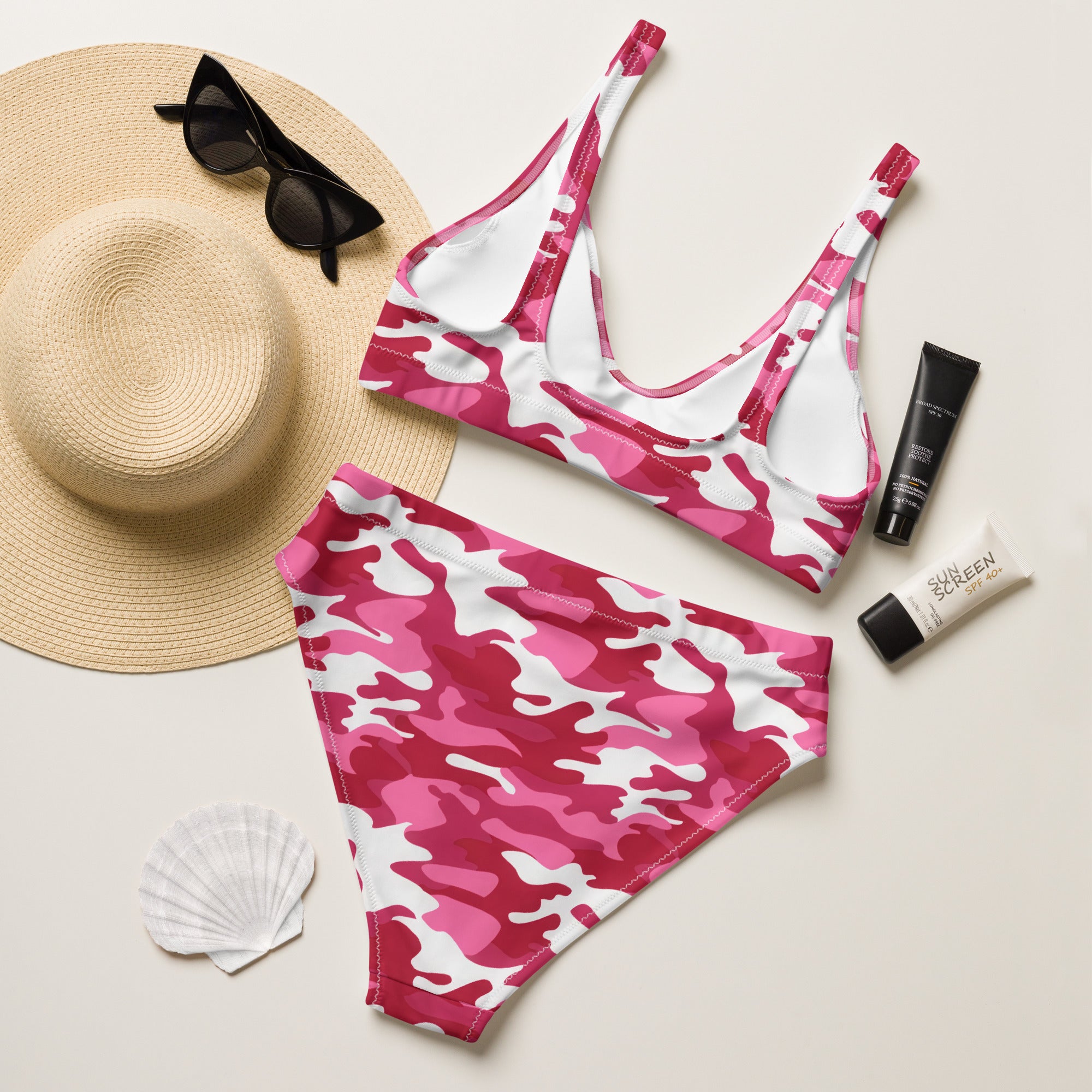 Women's Bright Pink Camouflage Recycled Bikini - Removable Padding, Buttery Soft Quick-Drying UPF 50+ Fabric