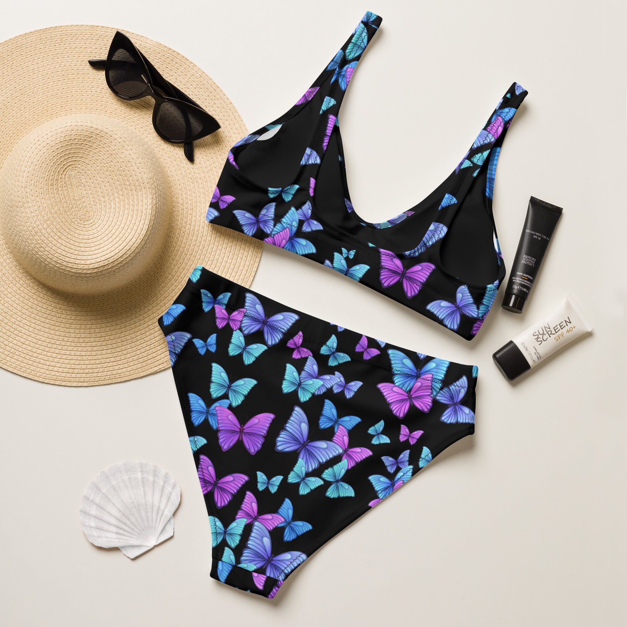 Women's Vibrant Butterfly Recycled Bikini - Removable Padding, Buttery Soft Quick-Drying UPF 50+ Fabric