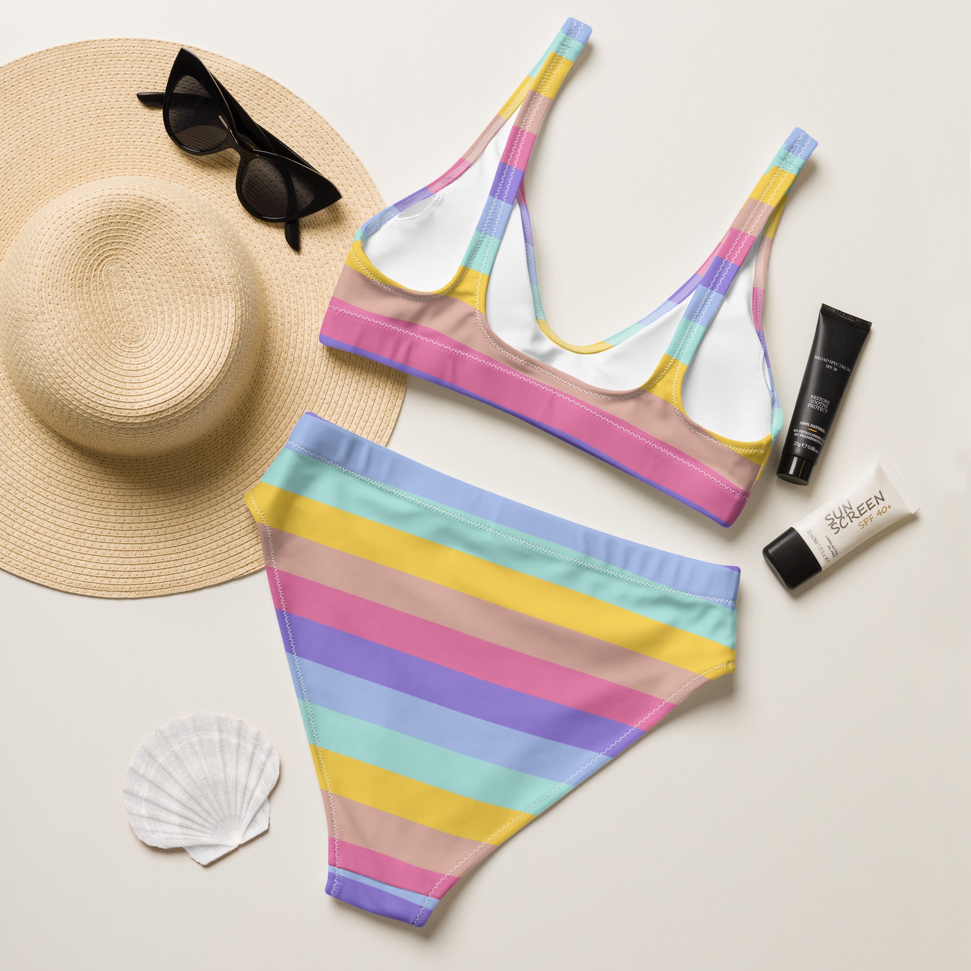 Women's Pastel Rainbow Stripe Recycled Bikini - Removable Padding, Buttery Soft Quick-Drying UPF 50+ Fabric