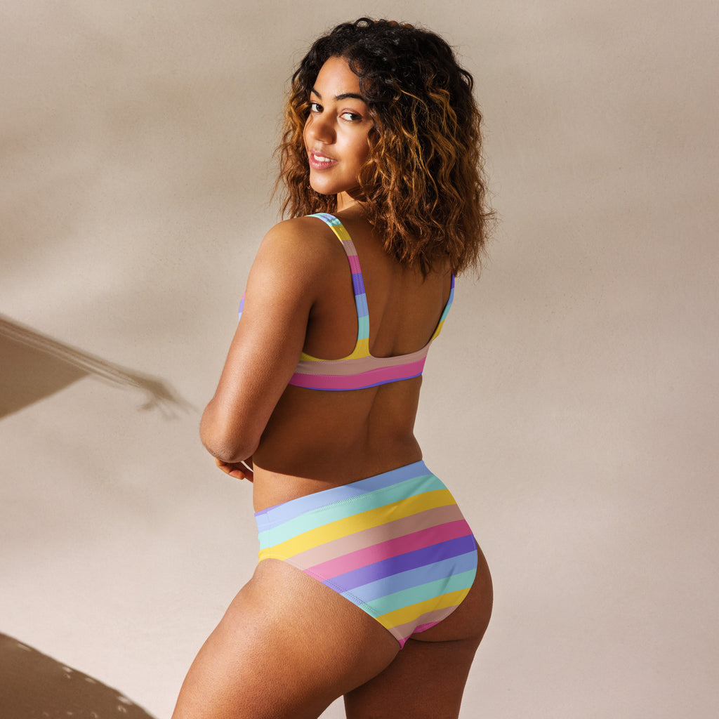 Women's Pastel Rainbow Stripe Recycled Bikini - Removable Padding, Buttery Soft Quick-Drying UPF 50+ Fabric