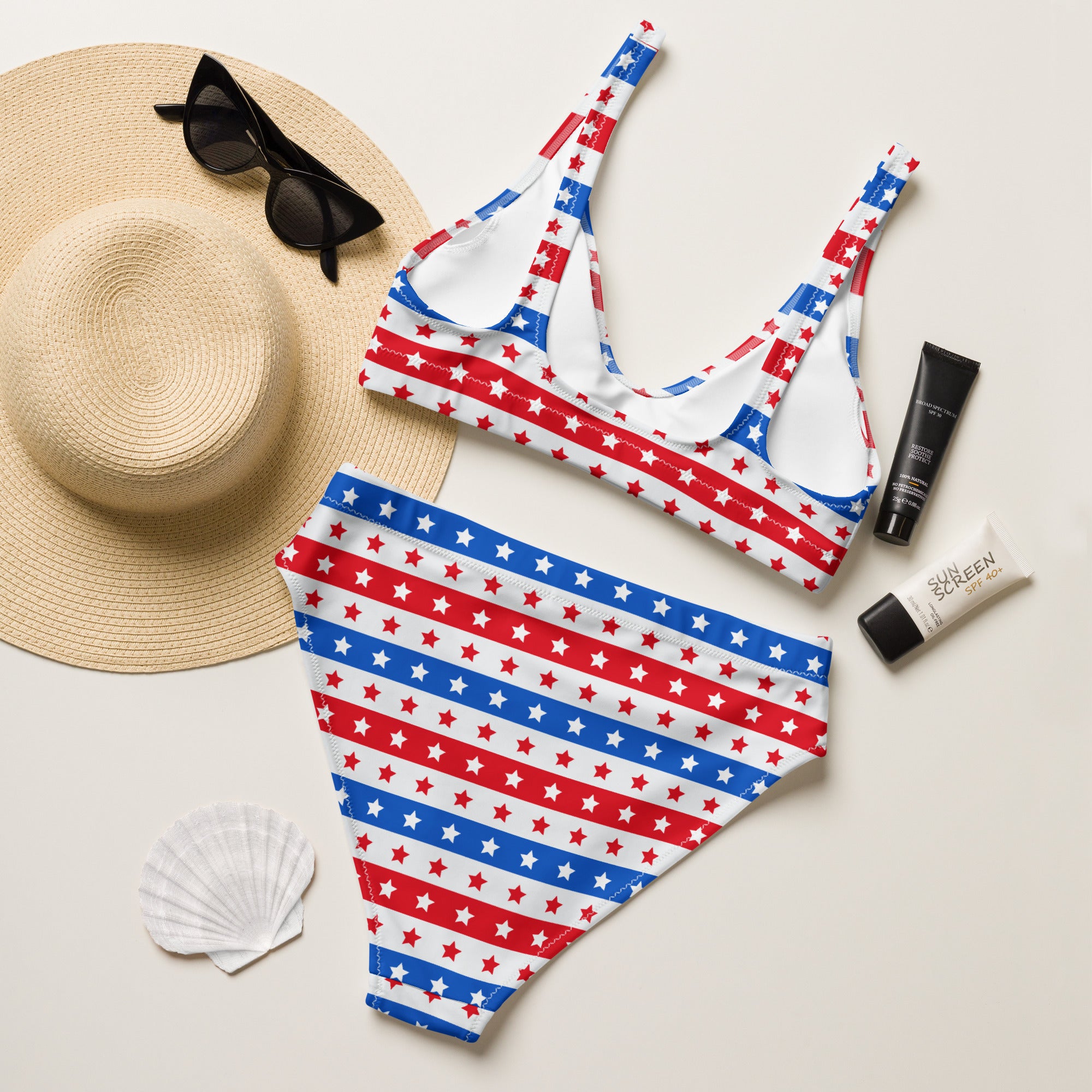 Women's Red, White & Blue Stars And Stripes USA Recycled Bikini - Removable Padding, Buttery Soft Quick-Drying UPF 50+ Fabric