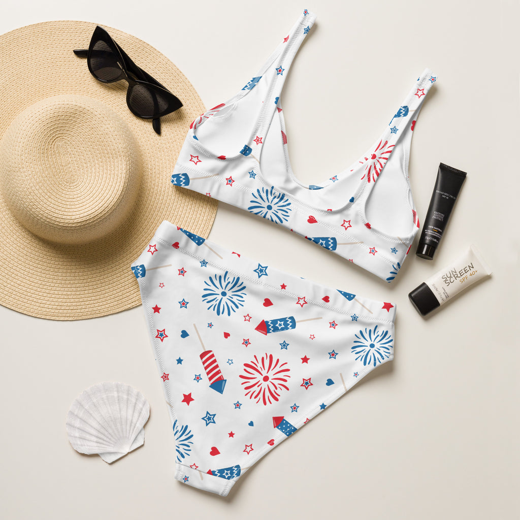 Women's Patriotic Fireworks 4th of July Recycled Bikini - Removable Padding, Buttery Soft Quick-Drying UPF 50+ Fabric