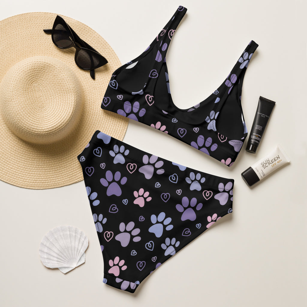 Women's Black Paw Print Recycled Bikini - Removable Padding, Buttery Soft Quick-Drying UPF 50+ Fabric