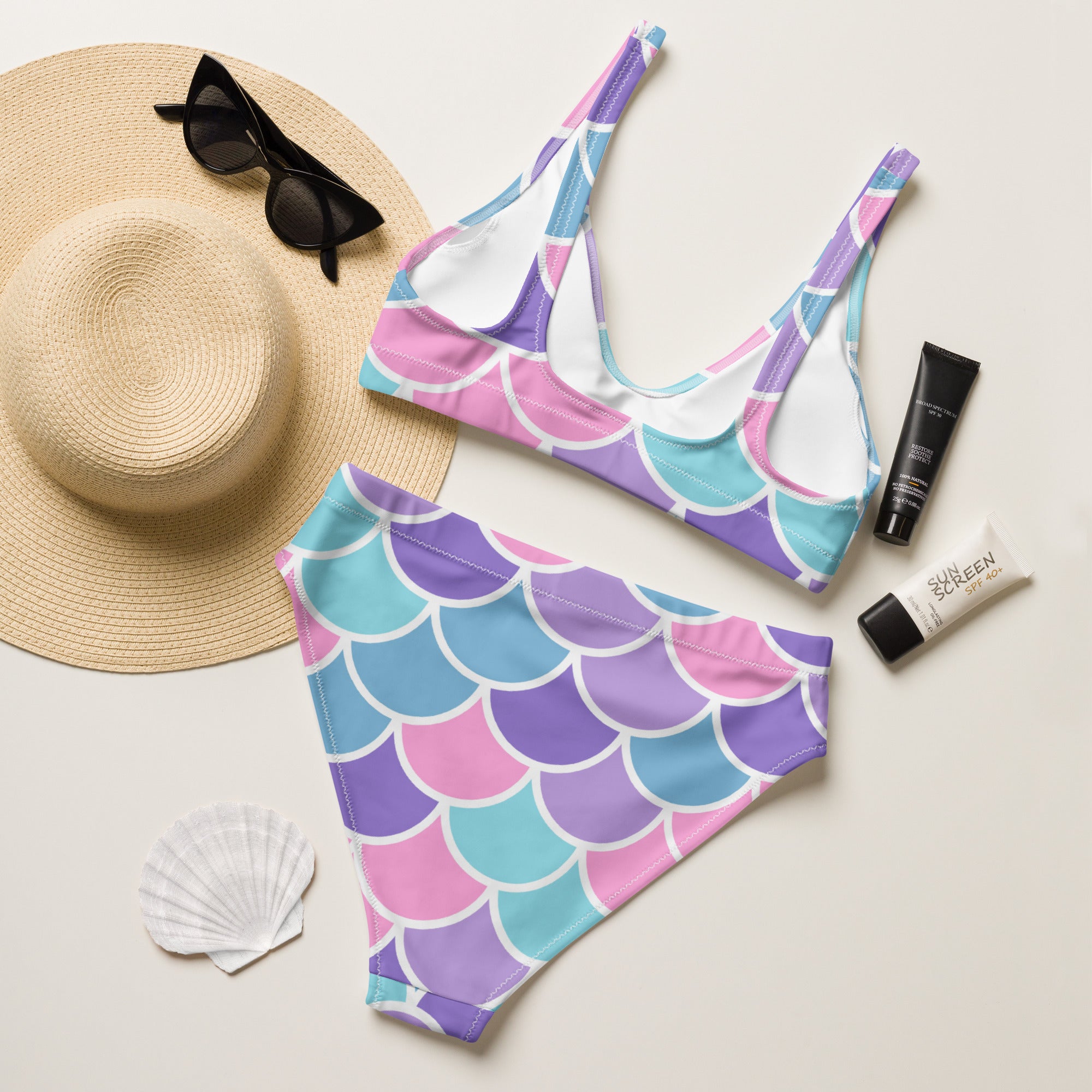 Women's Pink Purple Mermaid Scale Recycled Bikini - Removable Padding, Buttery Soft Quick-Drying UPF 50+ Fabric