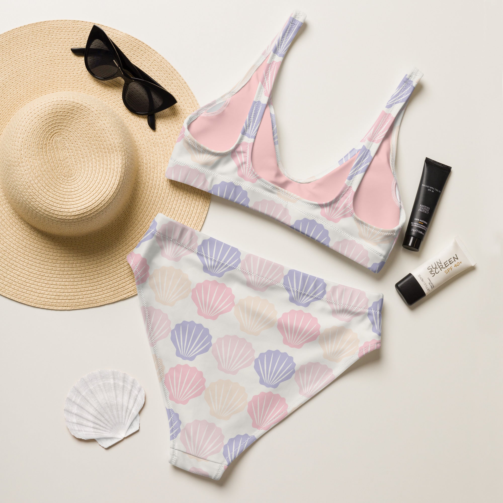 Women's Pastel Seashell Recycled Bikini - Removable Padding, Buttery Soft Quick-Drying UPF 50+ Fabric