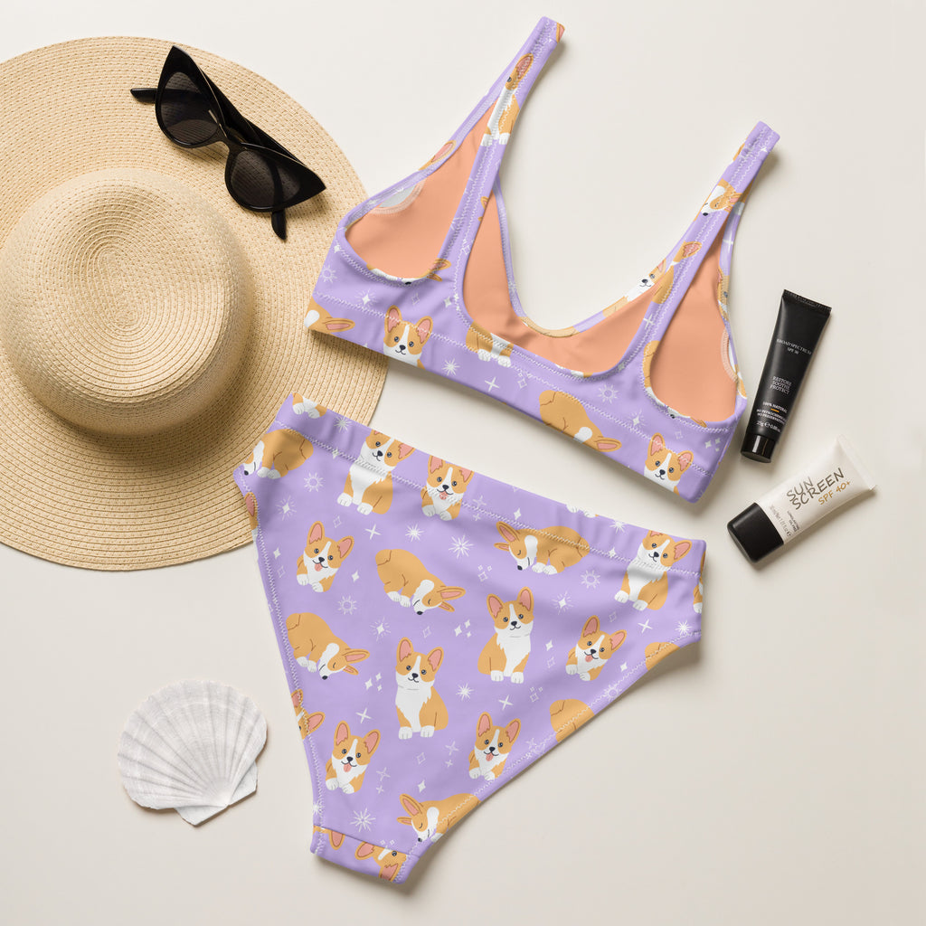 Women's Purple Corgi Dog Recycled Bikini - Removable Padding, Buttery Soft Quick-Drying UPF 50+ Fabric