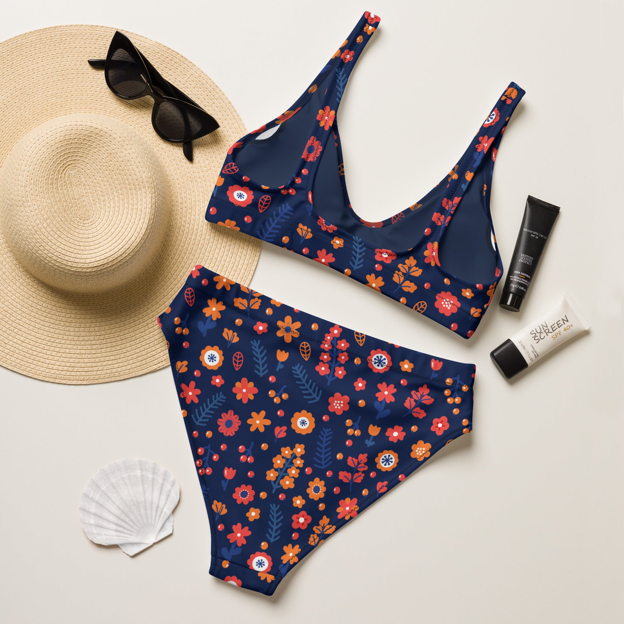 Women's Navy Floral Recycled Bikini - Removable Padding, Buttery Soft Quick-Drying UPF 50+ Fabric