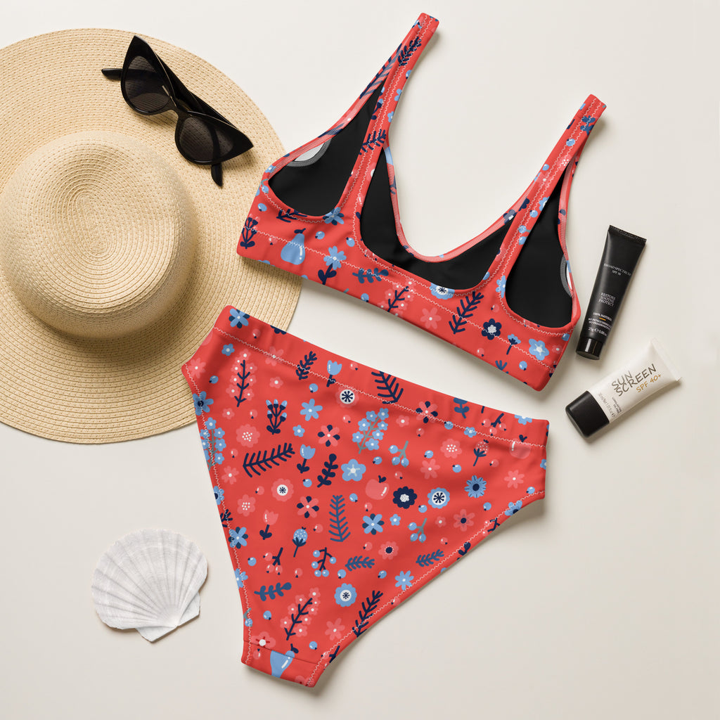 Women's Red Floral Recycled Bikini - Removable Padding, Buttery Soft Quick-Drying UPF 50+ Fabric
