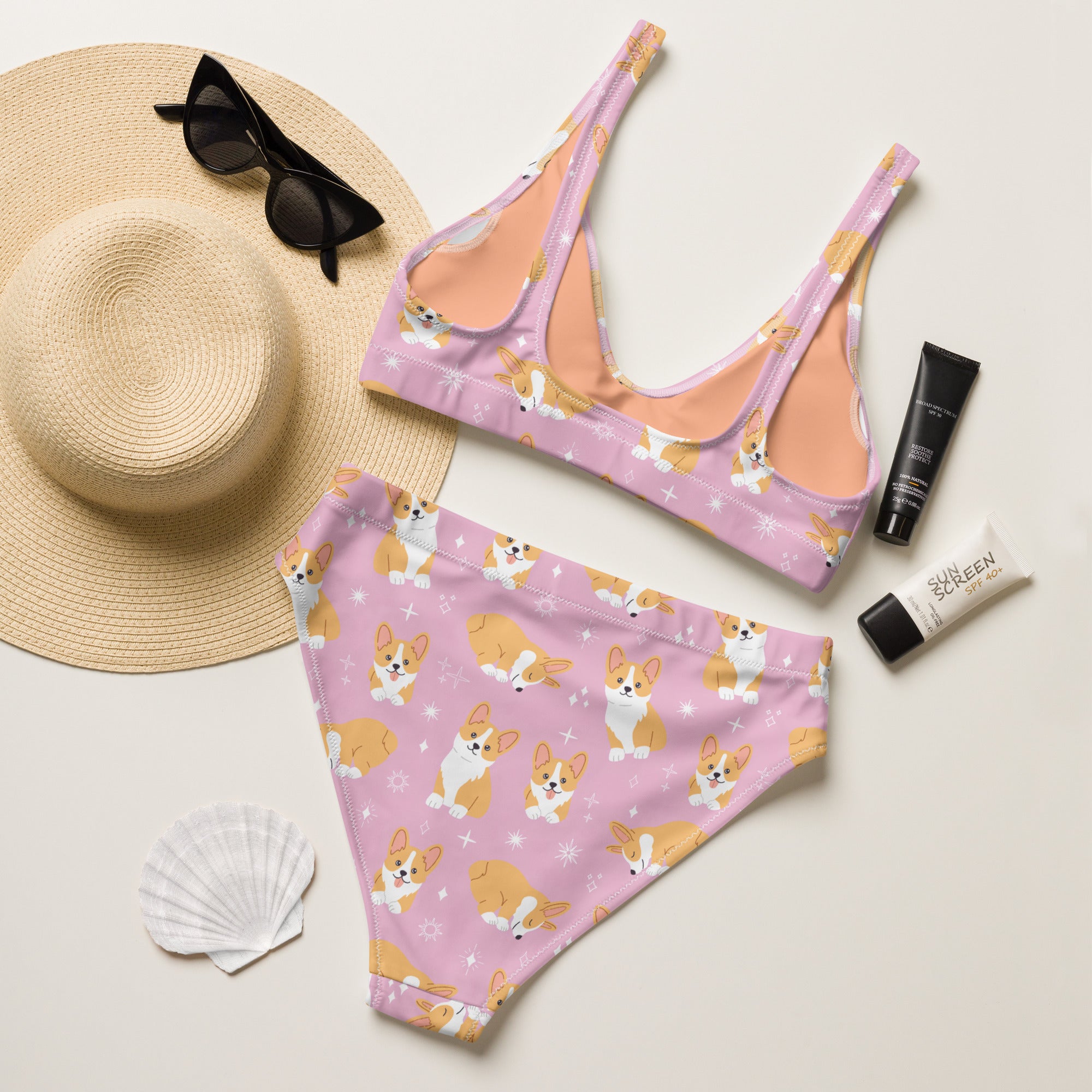 Women's Pink Corgi Dog Recycled Bikini - Removable Padding, Buttery Soft Quick-Drying UPF 50+ Fabric
