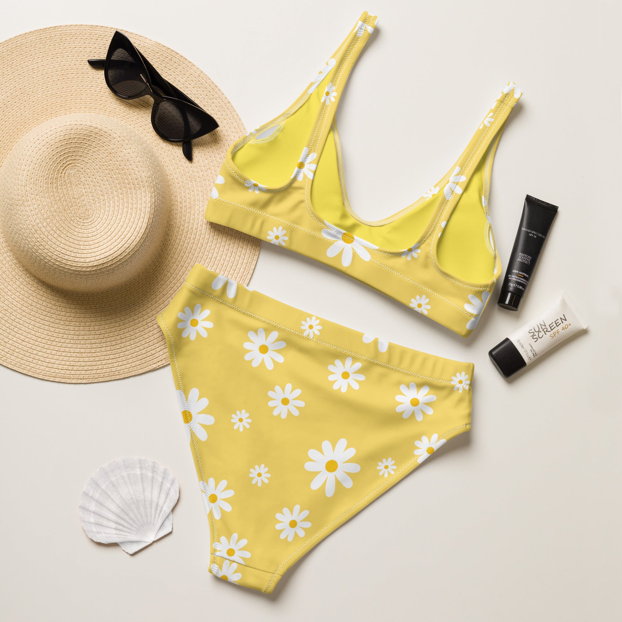 Women's Yellow Daisy Recycled Bikini - Removable Padding, Buttery Soft Quick-Drying UPF 50+ Fabric