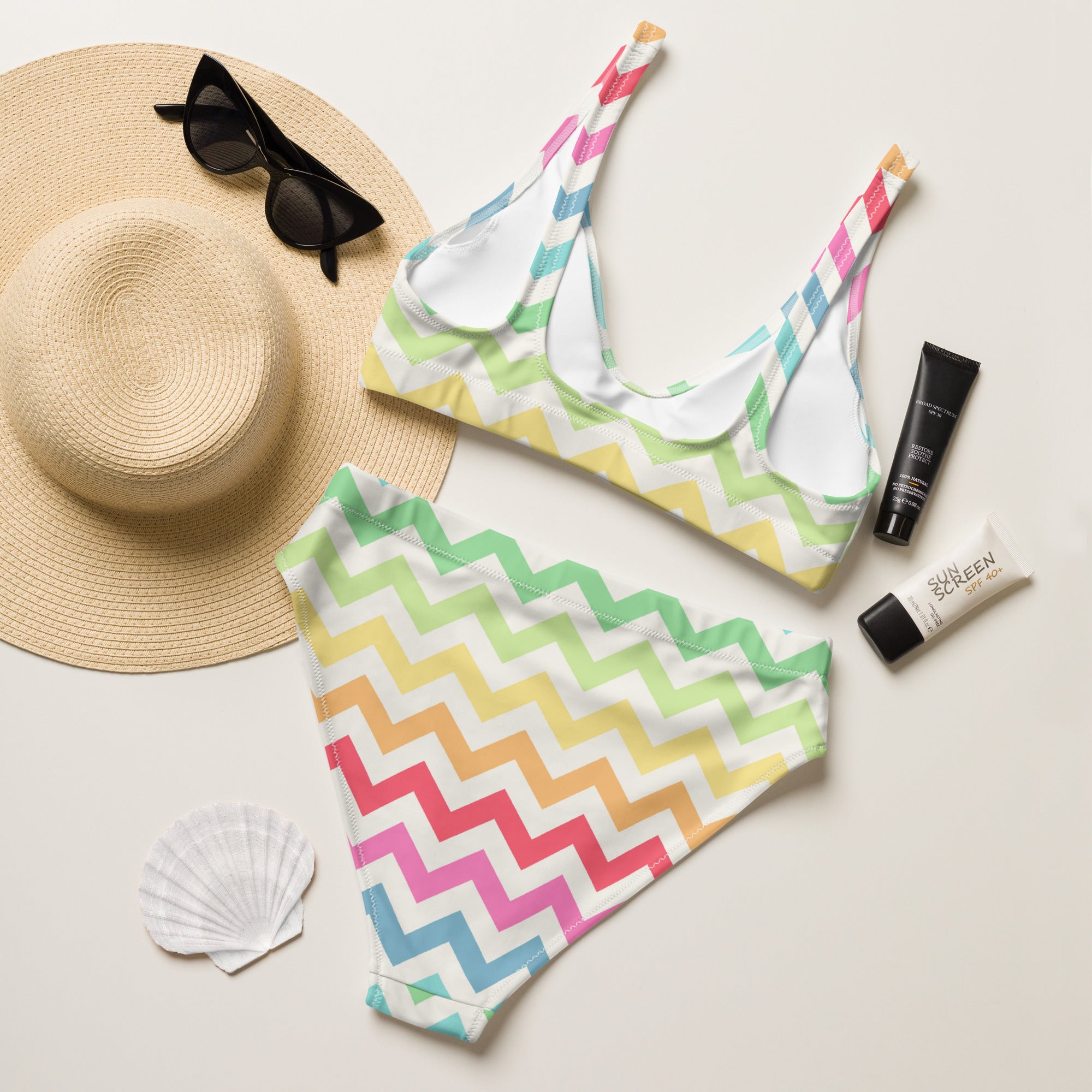 Women's Colorful Pastel Chevron Recycled Bikini - Removable Padding, Buttery Soft Quick-Drying UPF 50+ Fabric