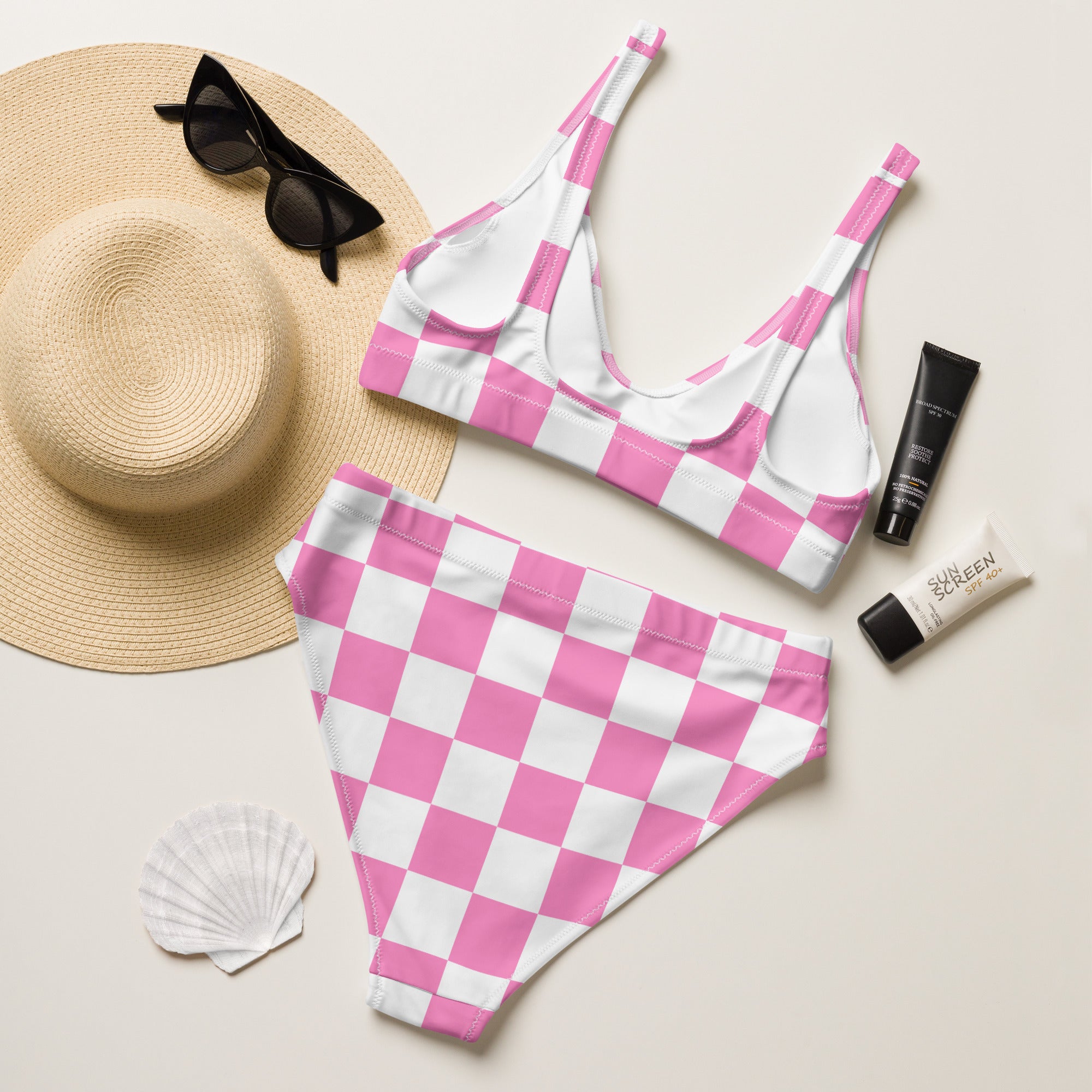 Women's Pink Checkered Recycled Bikini - Removable Padding, Buttery Soft Quick-Drying UPF 50+ Fabric