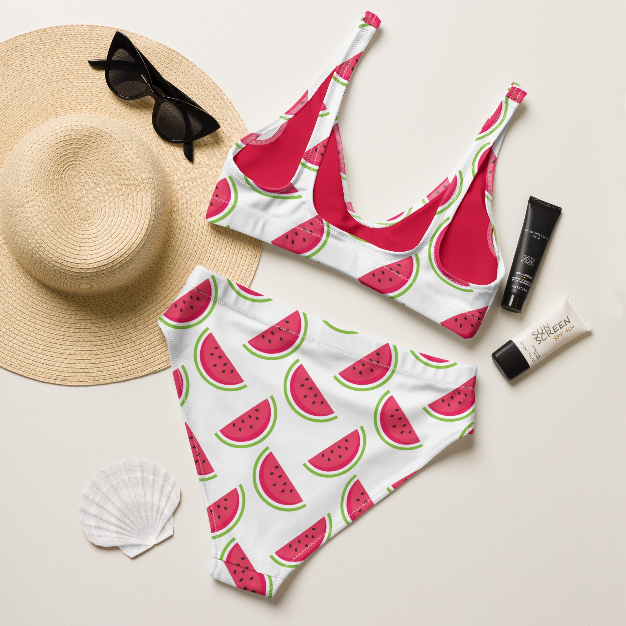 Women's Watermelon Themed Recycled Bikini - Removable Padding, Buttery Soft Quick-Drying UPF 50+ Fabric