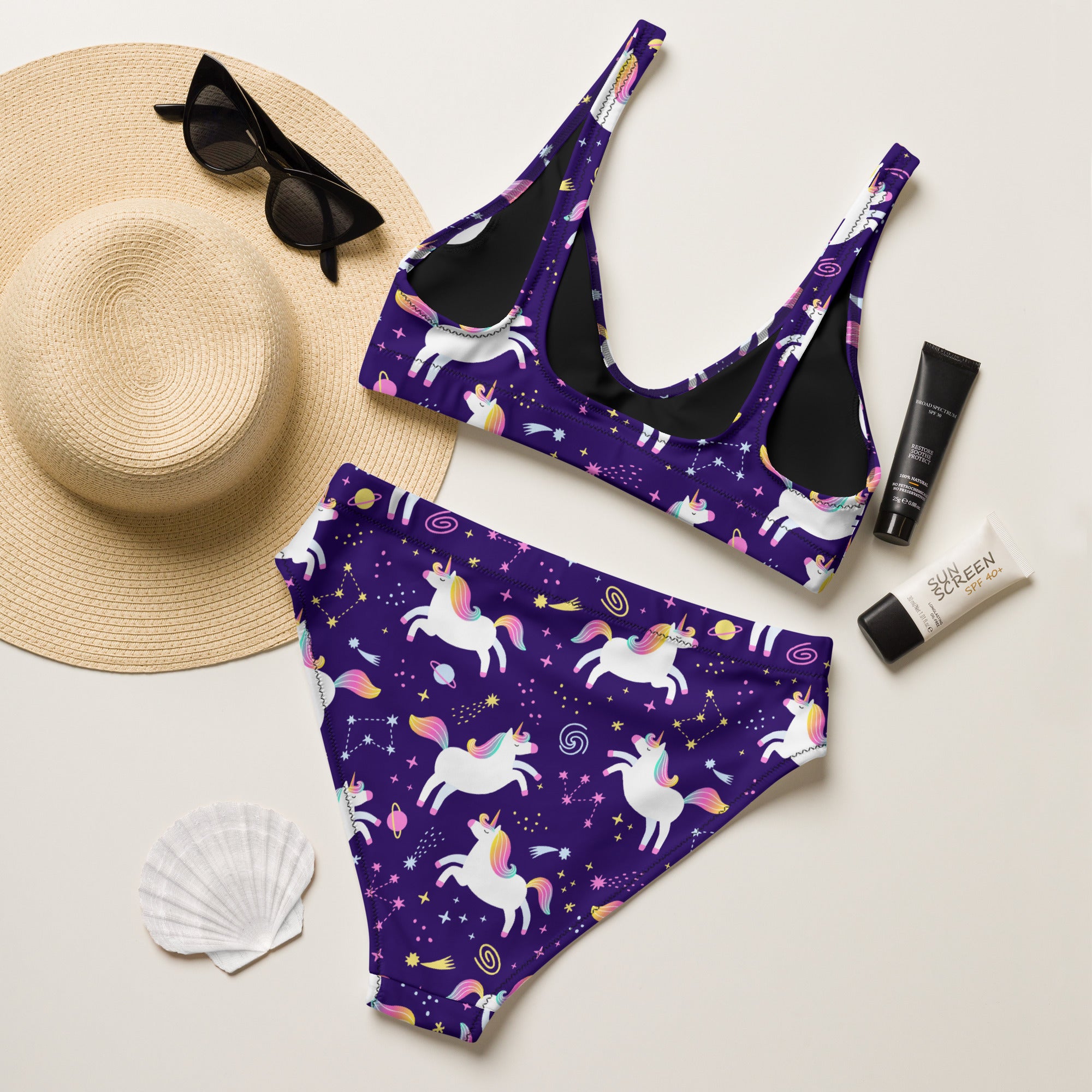 Women's Unicorn Galaxy Recycled Bikini - Removable Padding, Buttery Soft Quick-Drying UPF 50+ Fabric