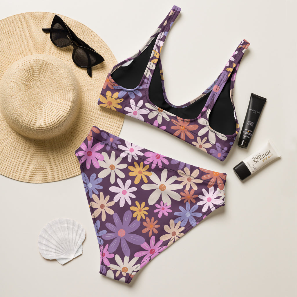 Women's Purple Daisy Floral Recycled Bikini - Removable Padding, Buttery Soft Quick-Drying UPF 50+ Fabric