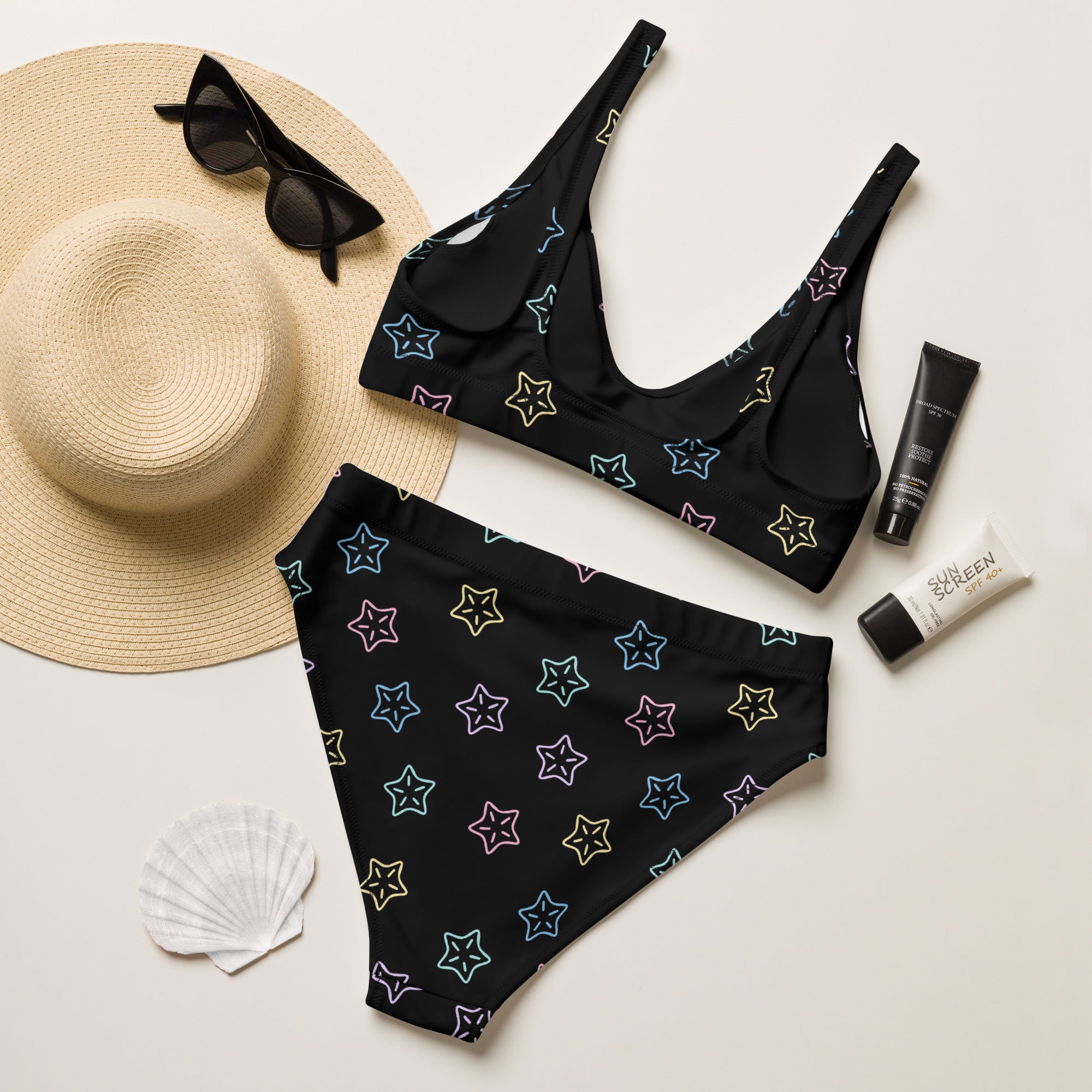 Women's Black Starfish Recycled Bikini - Removable Padding, Buttery Soft Quick-Drying UPF 50+ Fabric