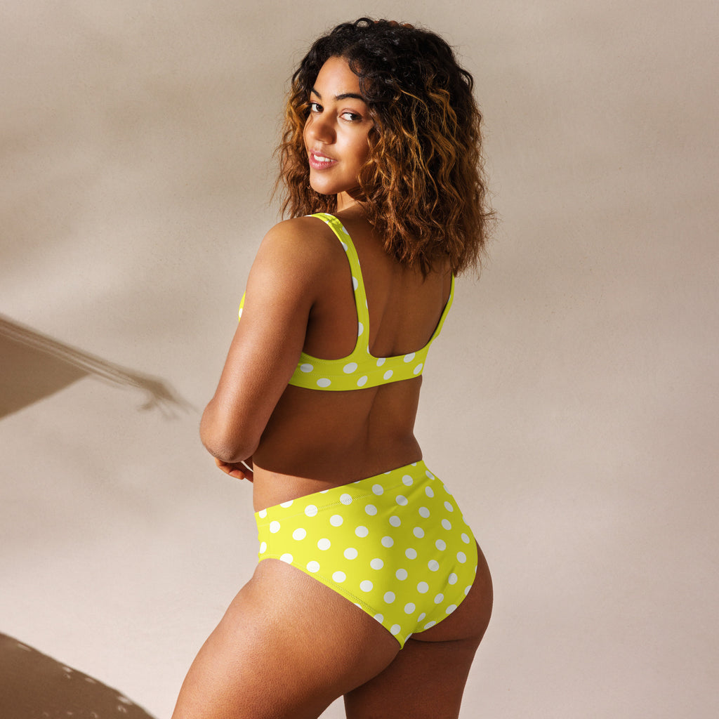 Women's Bright Yellow Polka Dot Recycled Bikini - Removable Padding, Buttery Soft Quick-Drying UPF 50+ Fabric