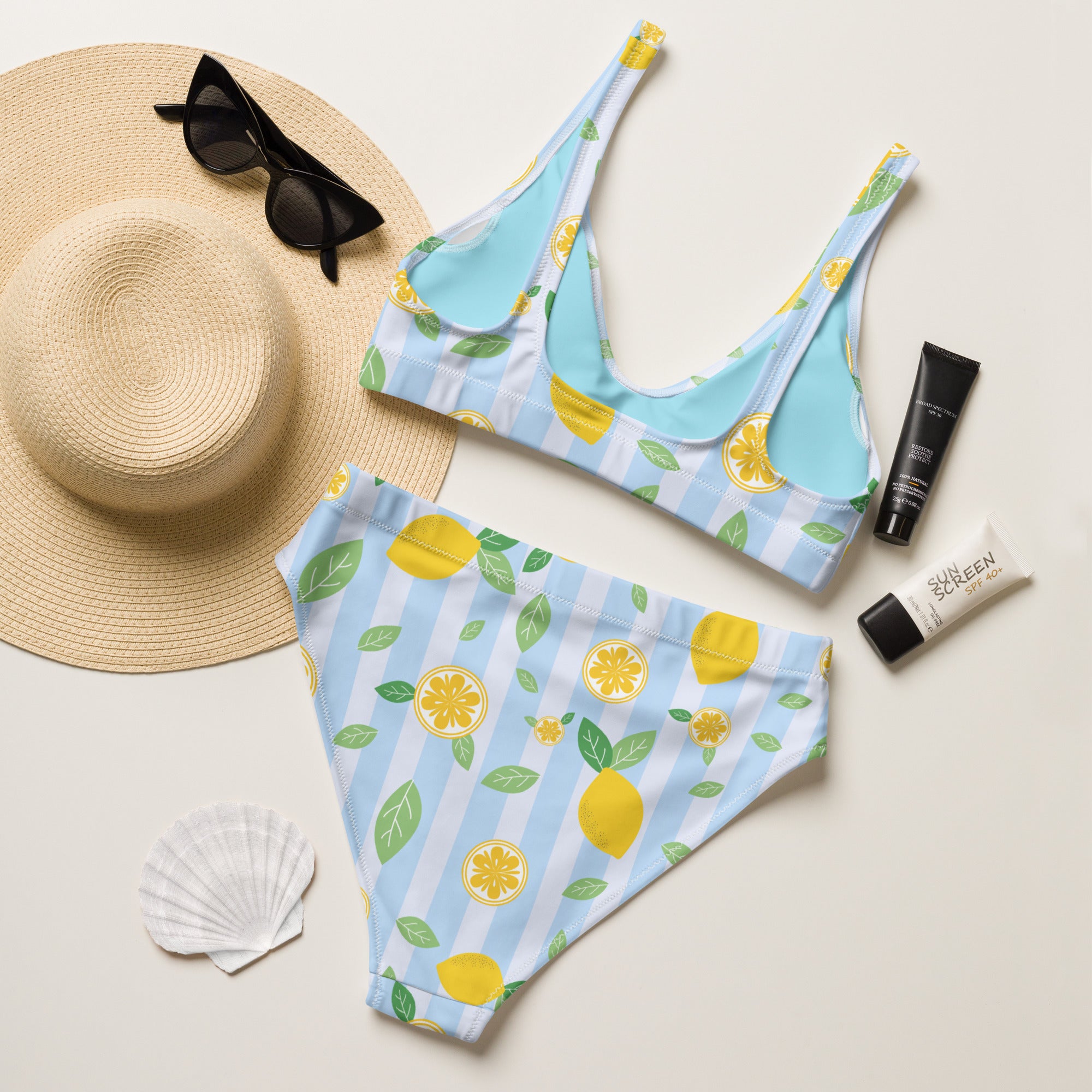 Women's Lemon Stripe Recycled Bikini - Removable Padding, Buttery Soft Quick-Drying UPF 50+ Fabric