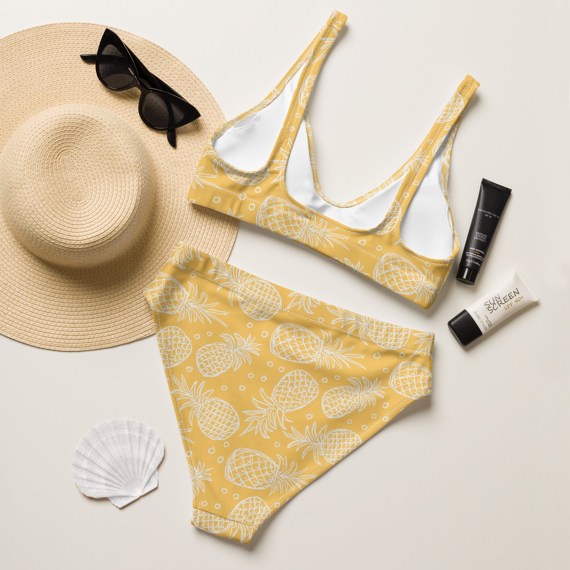 Women's Yellow Pineapple Recycled Bikini - Removable Padding, Buttery Soft Quick-Drying UPF 50+ Fabric