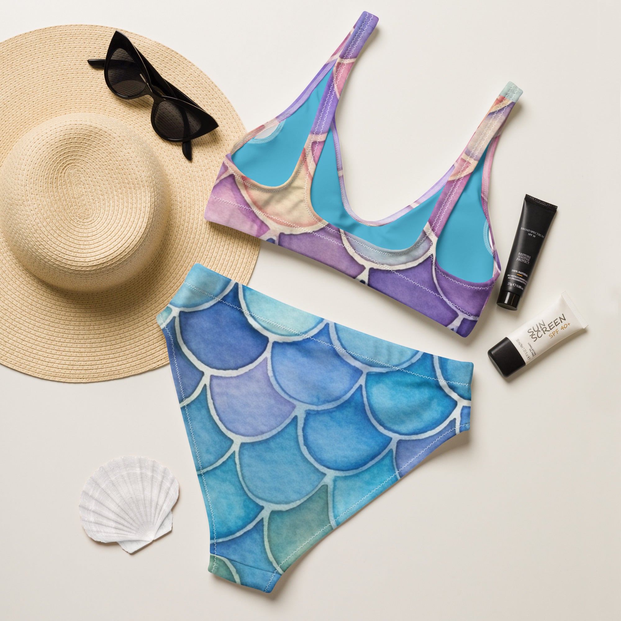 Women's Watercolor Mermaid Recycled Bikini - Removable Padding, Buttery Soft Quick-Drying UPF 50+ Fabric
