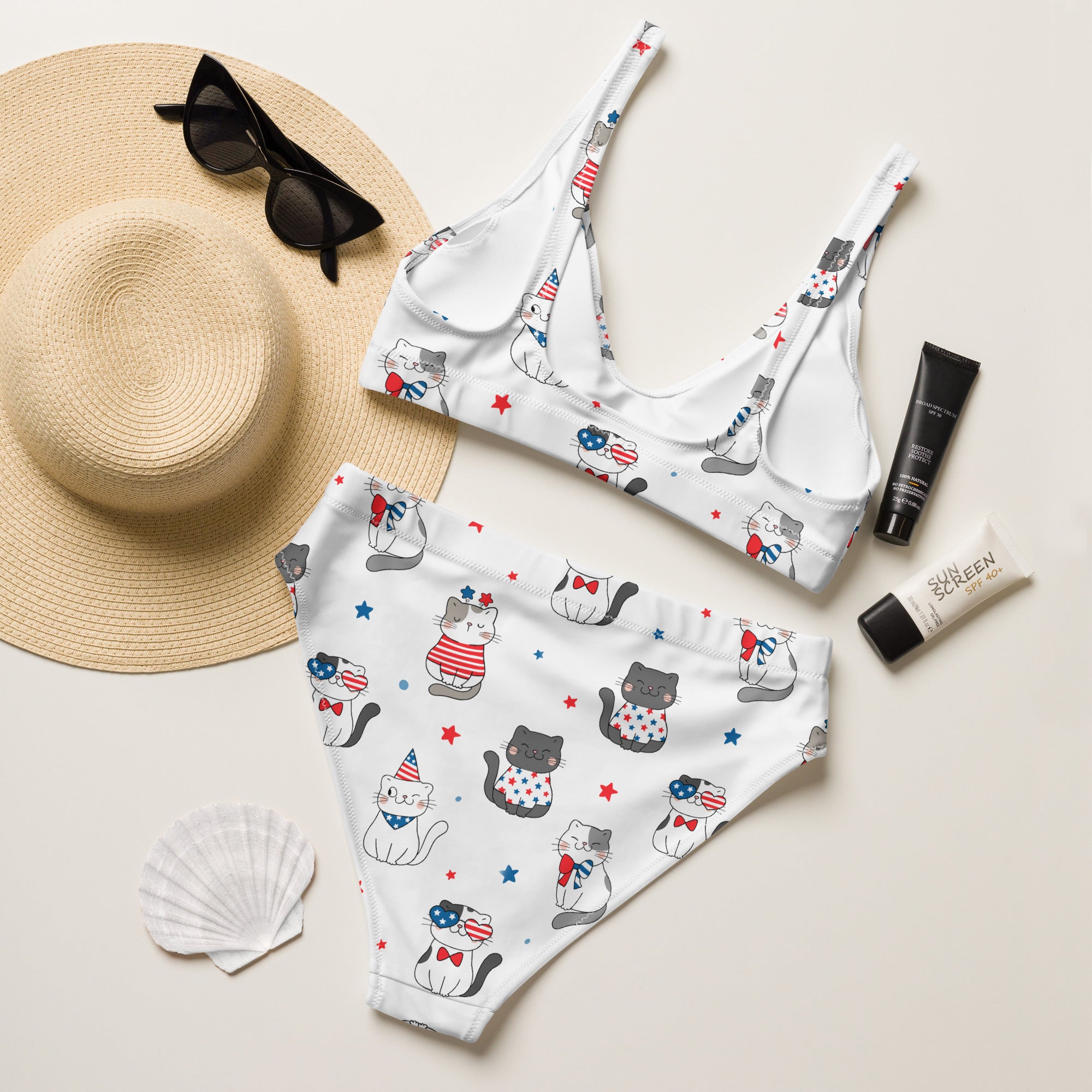 Women's Patriotic Cat Recycled Bikini - Removable Padding, Buttery Soft Quick-Drying UPF 50+ Fabric