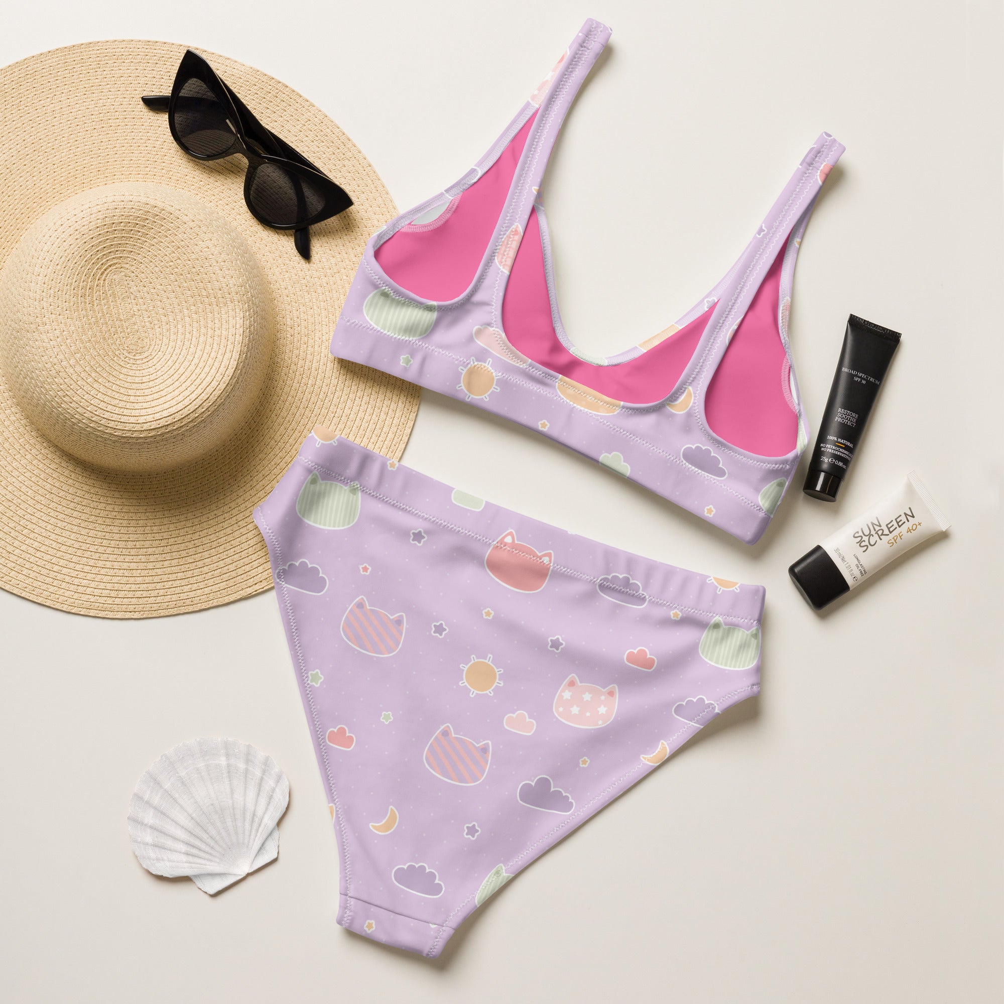 Women's Pastel Purple Kawaii Cats & Clouds Recycled Bikini - Removable Padding, Buttery Soft Quick-Drying UPF 50+ Fabric
