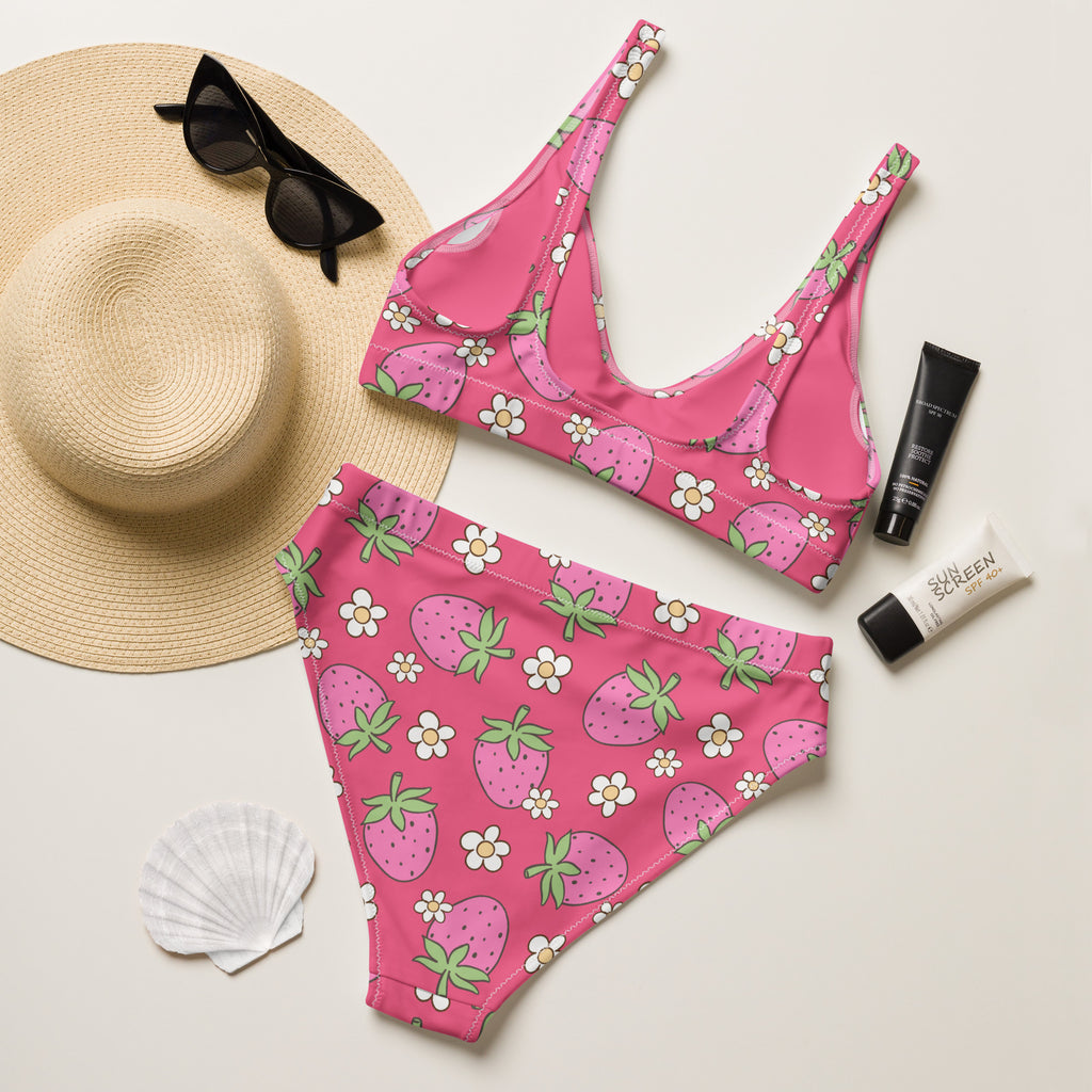 Women's Pink Strawberry Recycled Bikini - Removable Padding, Buttery Soft Quick-Drying UPF 50+ Fabric