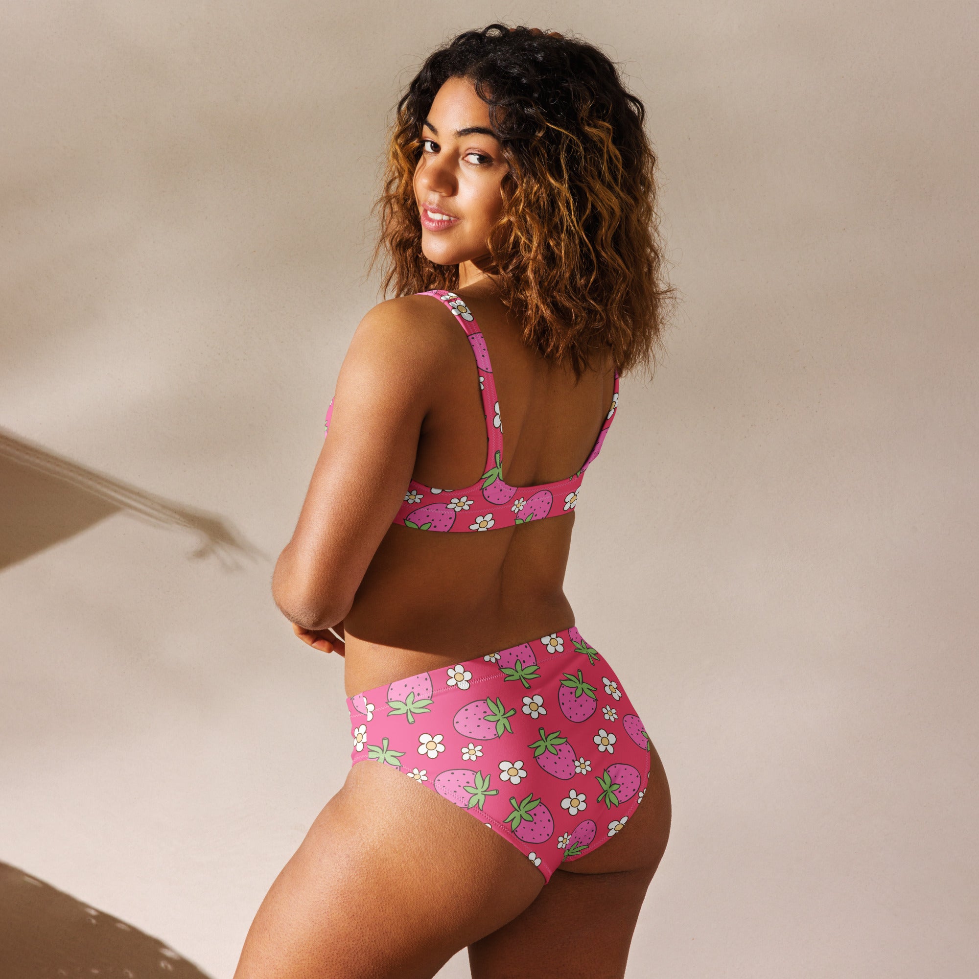 Women's Pink Strawberry Recycled Bikini - Removable Padding, Buttery Soft Quick-Drying UPF 50+ Fabric