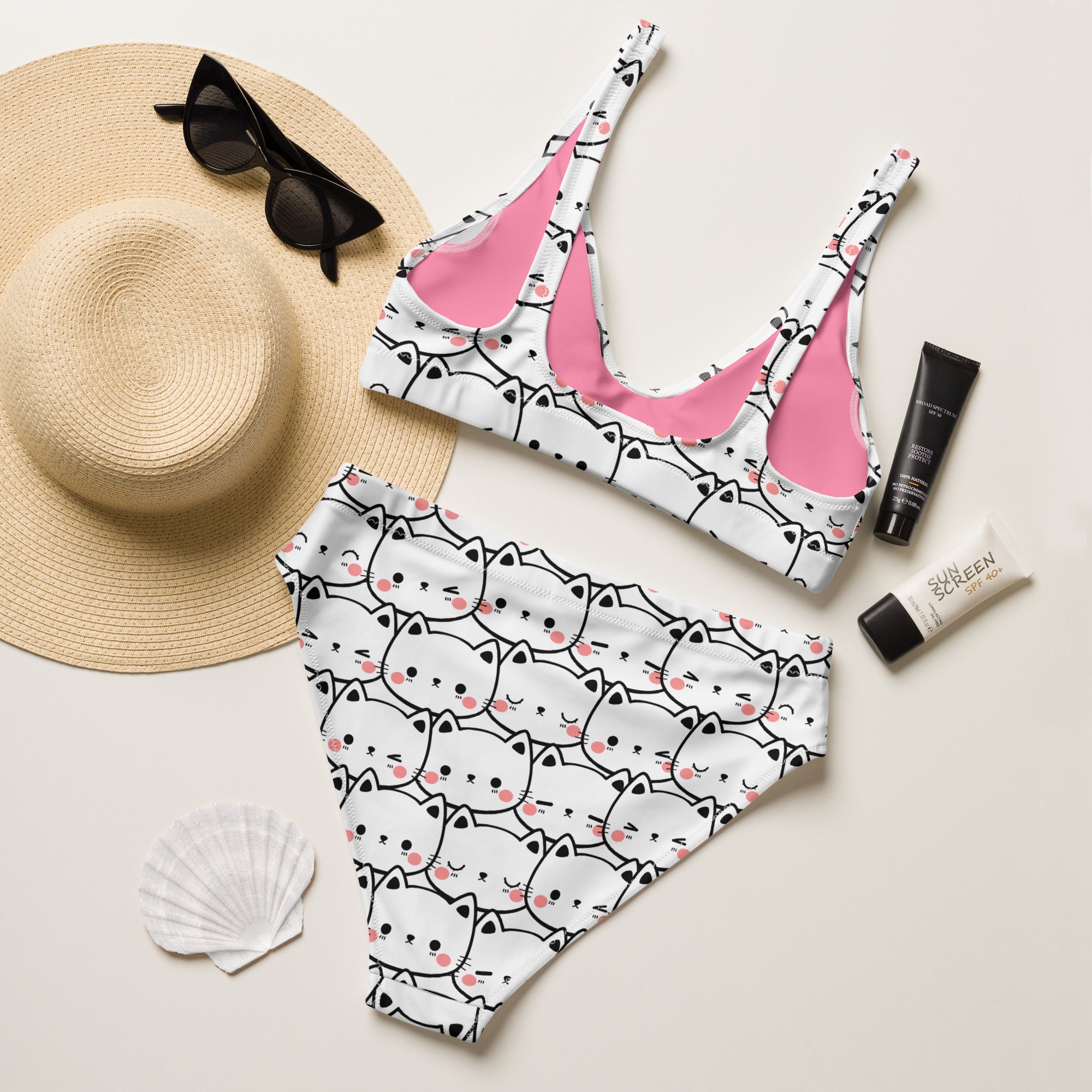 Women's Cute Cat Face Recycled Bikini - Removable Padding, Buttery Soft Quick-Drying UPF 50+ Fabric