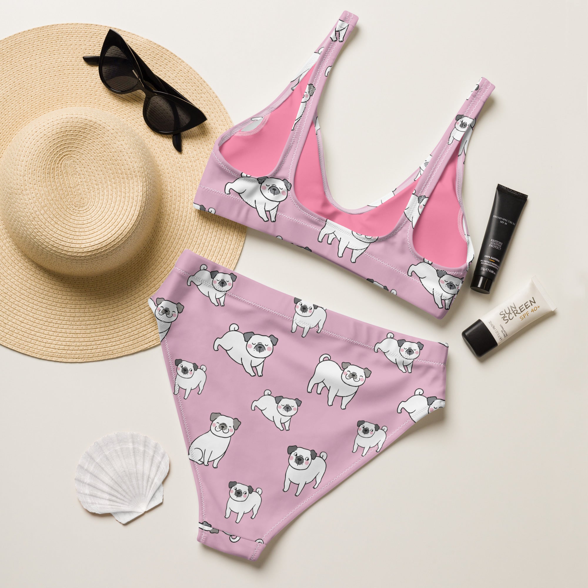 Women's Pink Pug Recycled Bikini - Removable Padding, Buttery Soft Quick-Drying UPF 50+ Fabric