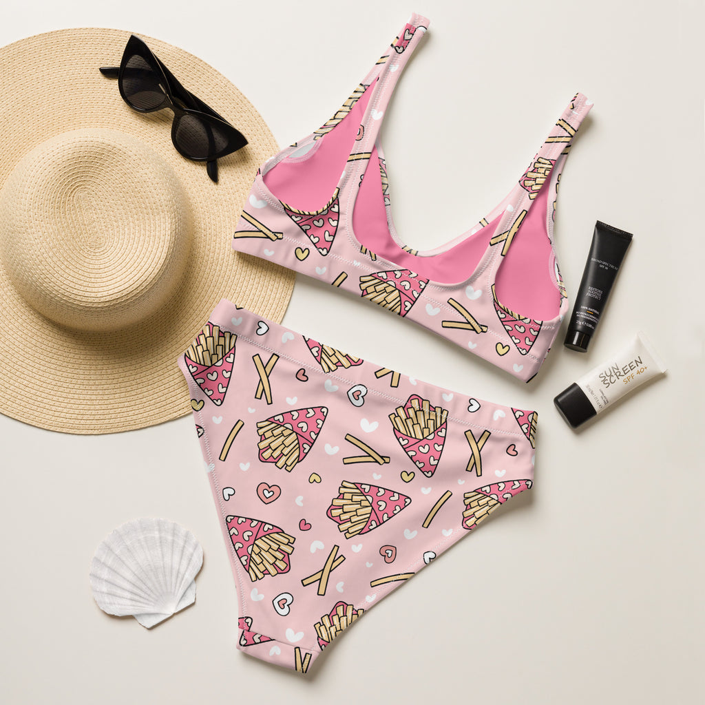 Women's Pink French Fries Recycled Bikini - Removable Padding, Buttery Soft Quick-Drying UPF 50+ Fabric
