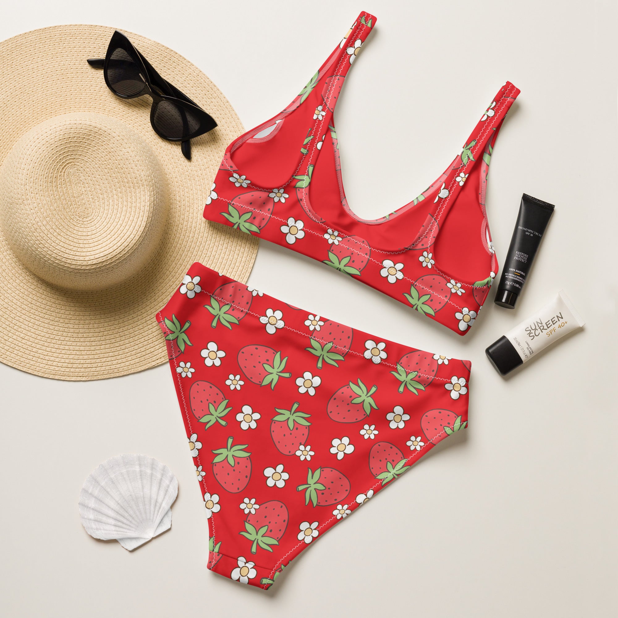 Women's Red Strawberry Recycled Bikini - Removable Padding, Buttery Soft Quick-Drying UPF 50+ Fabric