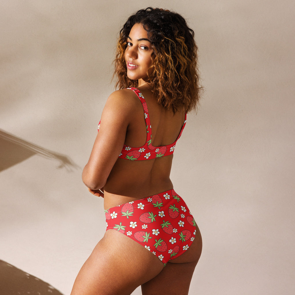 Women's Red Strawberry Recycled Bikini - Removable Padding, Buttery Soft Quick-Drying UPF 50+ Fabric