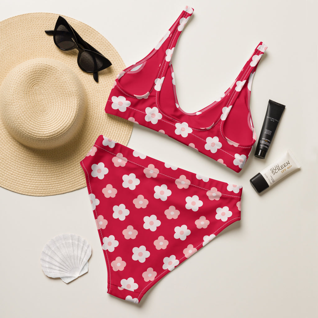 Women's Red Daisy Recycled Bikini - Removable Padding, Buttery Soft Quick-Drying UPF 50+ Fabric
