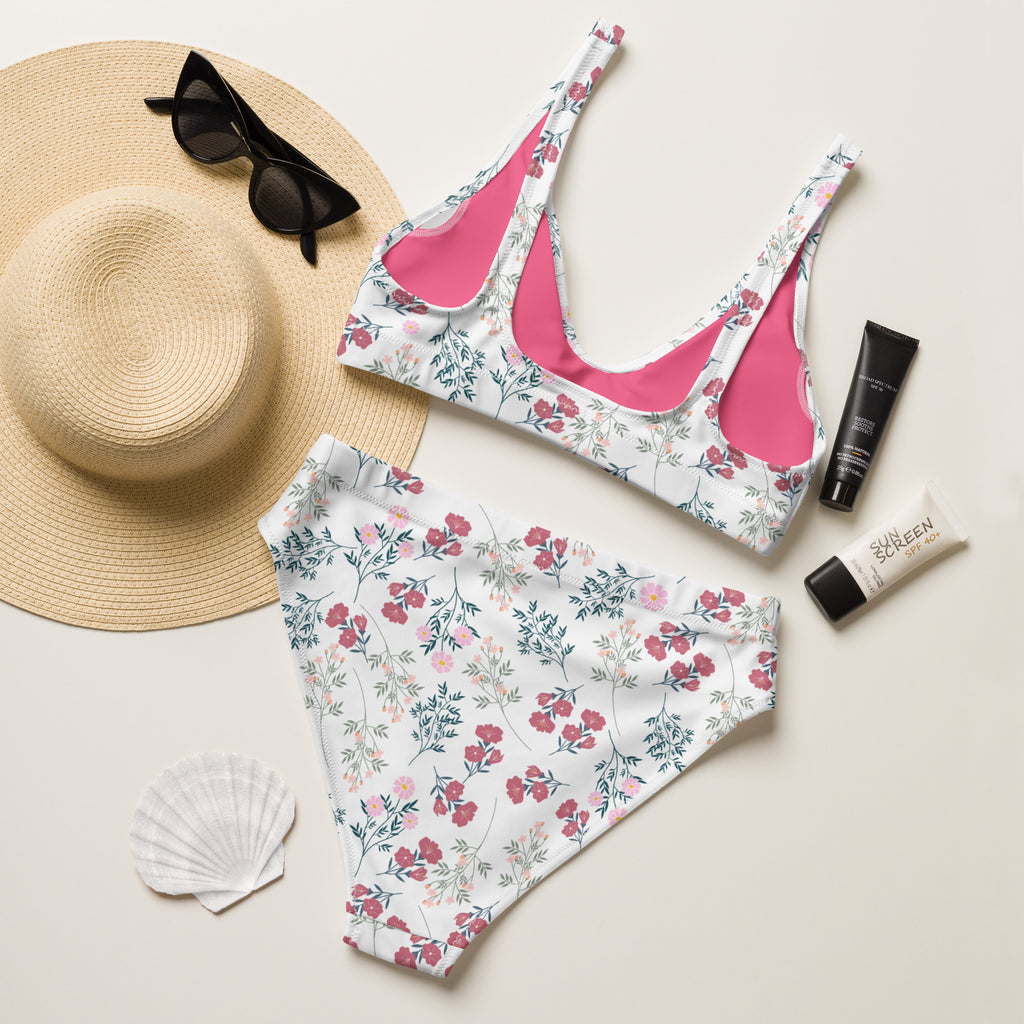 Women's White Floral Recycled Bikini - Removable Padding, Buttery Soft Quick-Drying UPF 50+ Fabric