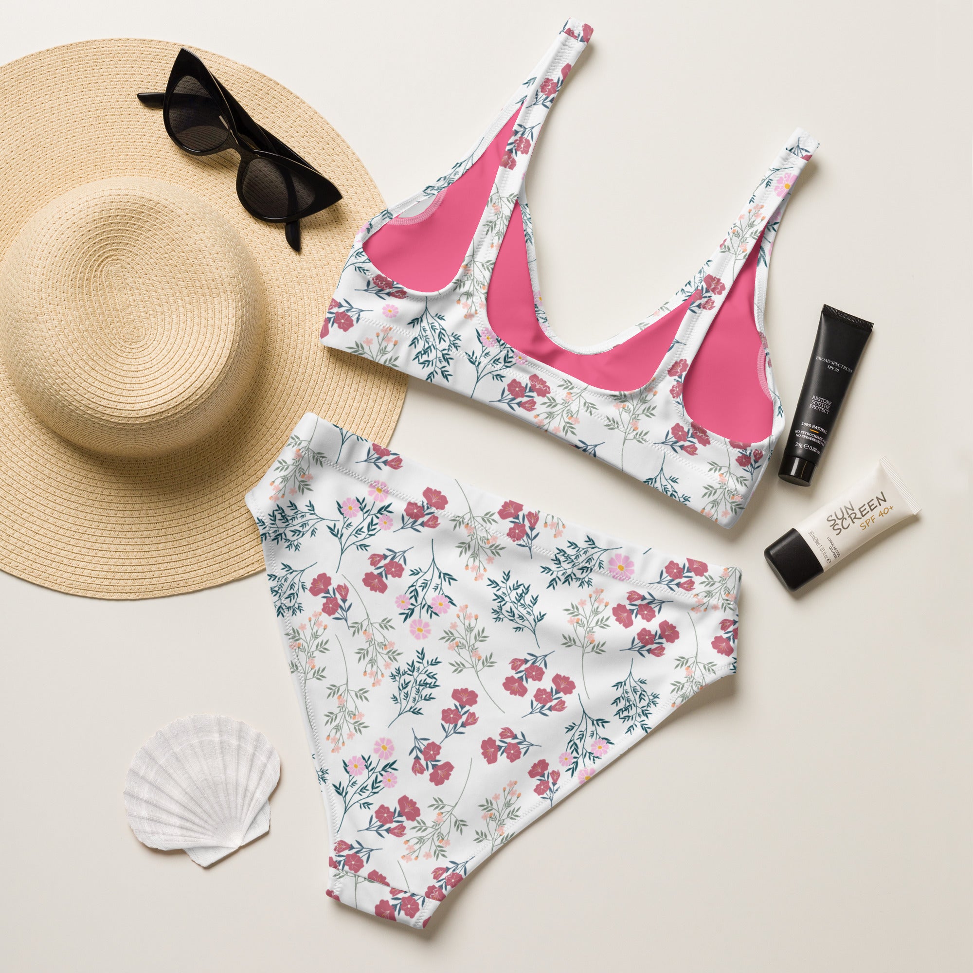 Women's White Floral Recycled Bikini - Removable Padding, Buttery Soft Quick-Drying UPF 50+ Fabric