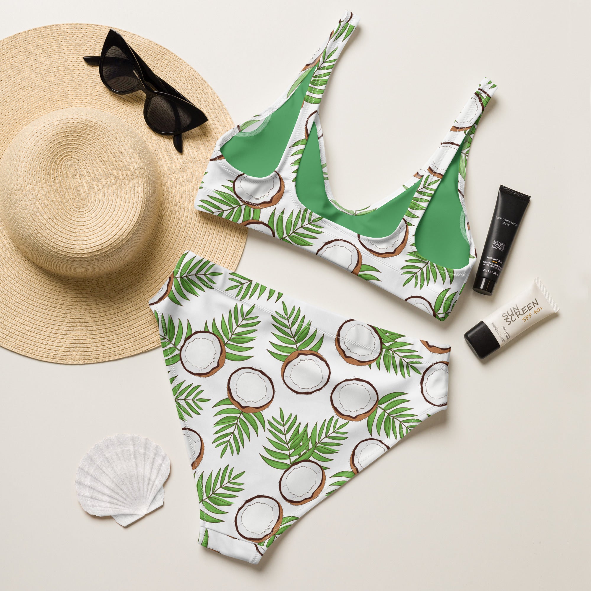 Women's Coconut Palm Leaf Recycled Bikini - Removable Padding, Buttery Soft Quick-Drying UPF 50+ Fabric