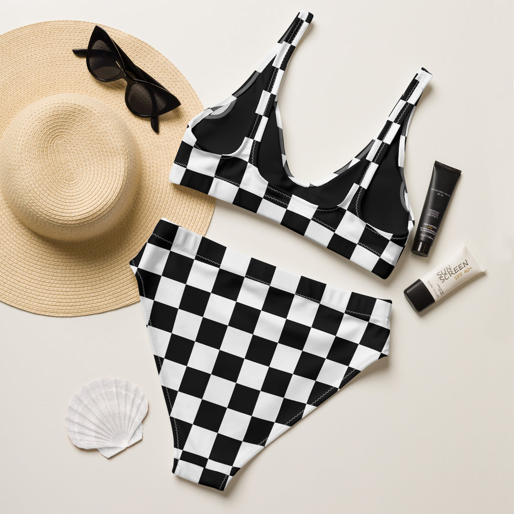 Women's Black Checkered Recycled Bikini - Removable Padding, Buttery Soft Quick-Drying UPF 50+ Fabric