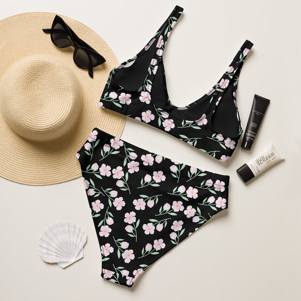 Women's Black Floral Recycled Bikini - Removable Padding, Buttery Soft Quick-Drying UPF 50+ Fabric